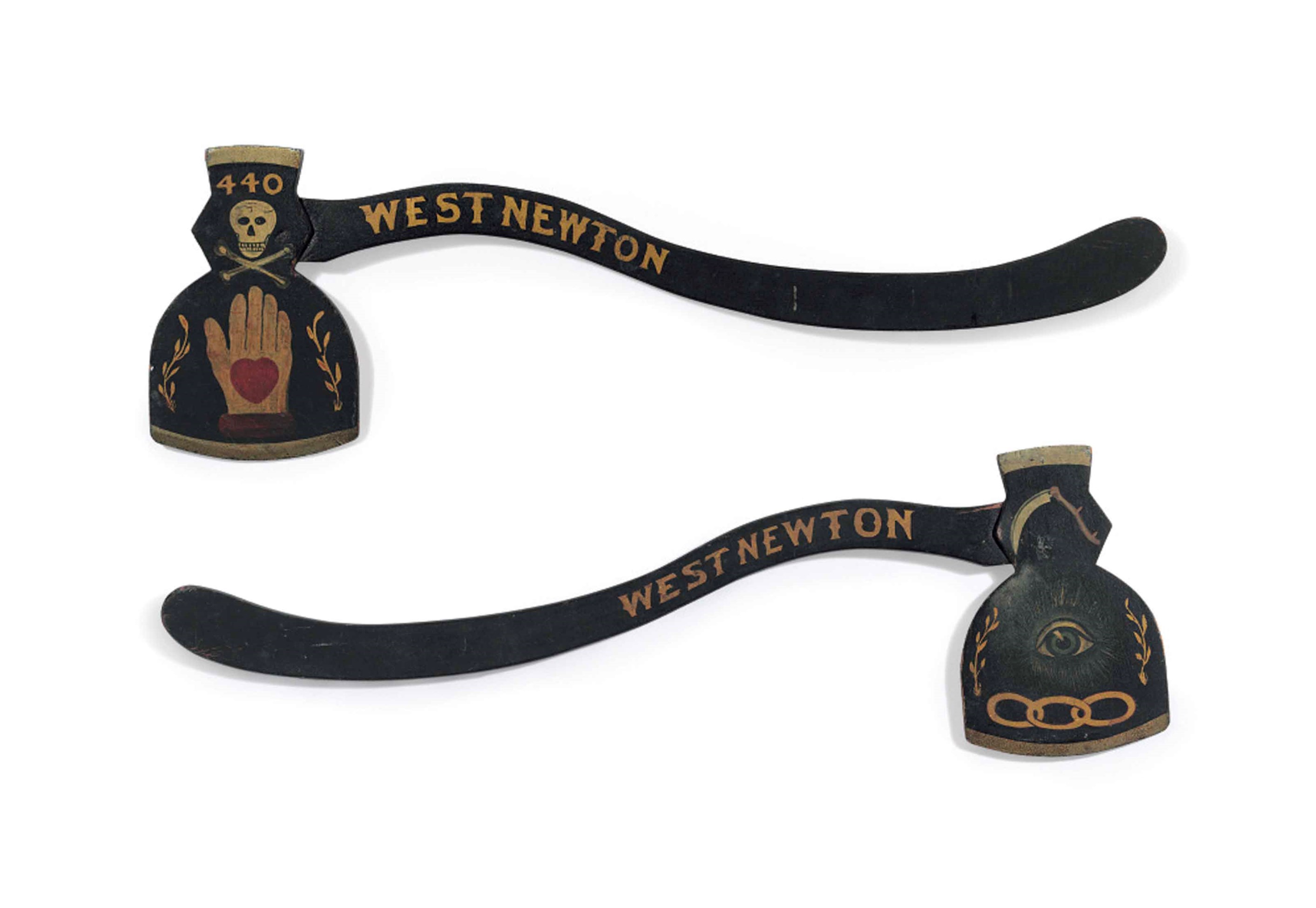 A POLYCHROME, PAINTED AND PARCELGILT PARADE AXE FROM ODD FELLOWS LODGE