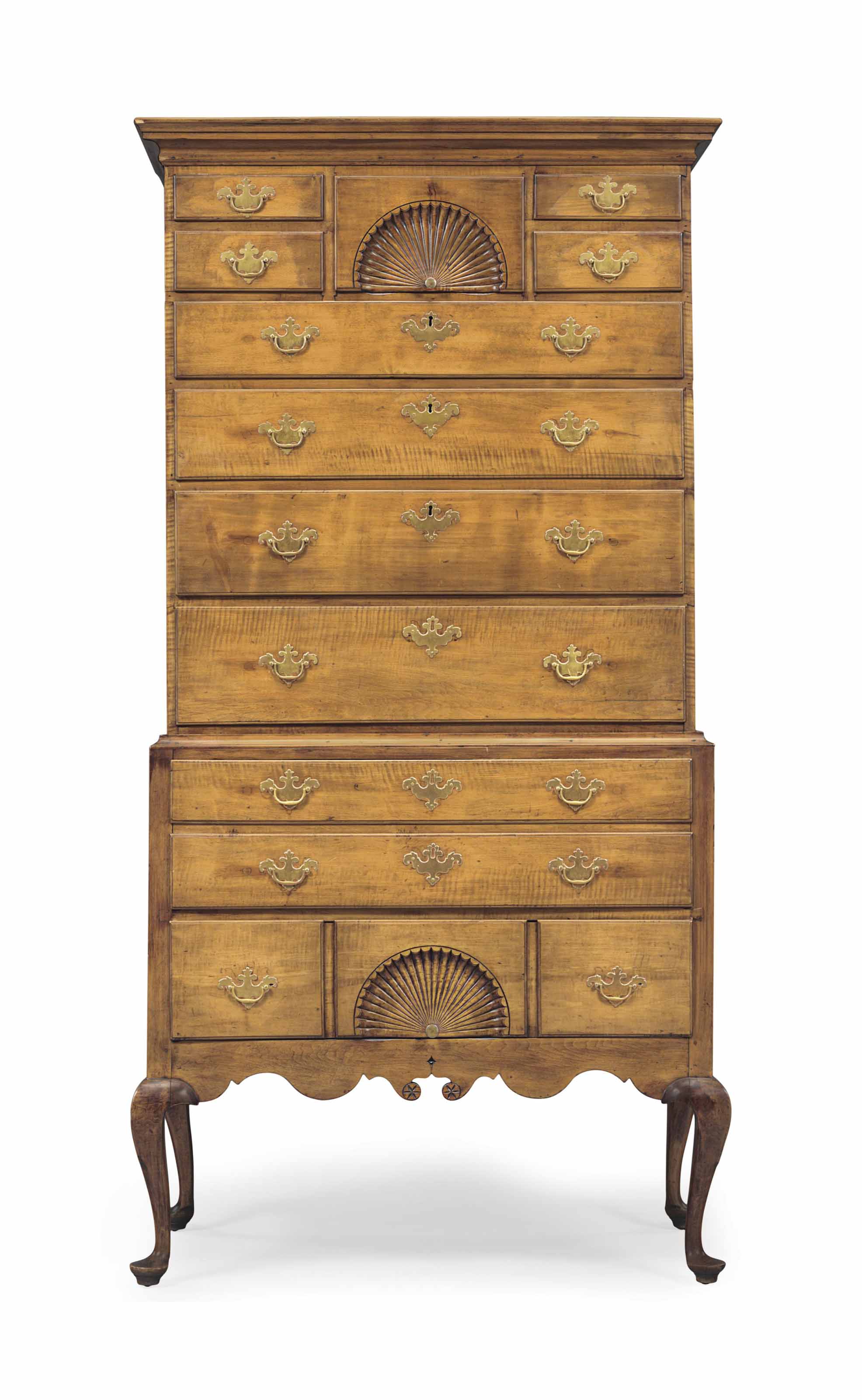 A Chippendale Figured Maple High Chest Of Drawers Probably Salem