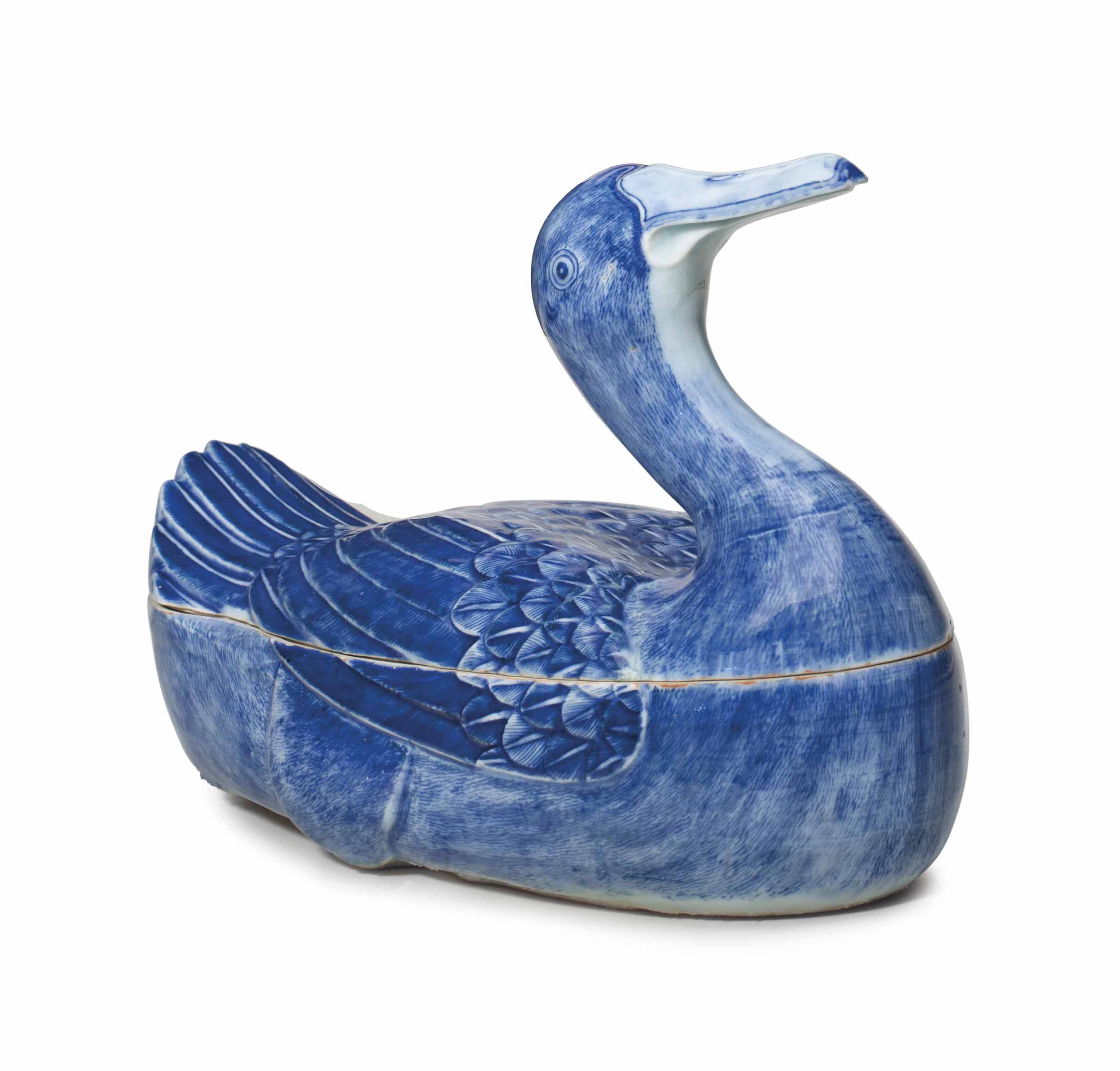 A BLUE AND WHITE DUCK TUREEN AND COVER , LATE 18TH/EARLY 19TH CENTURY