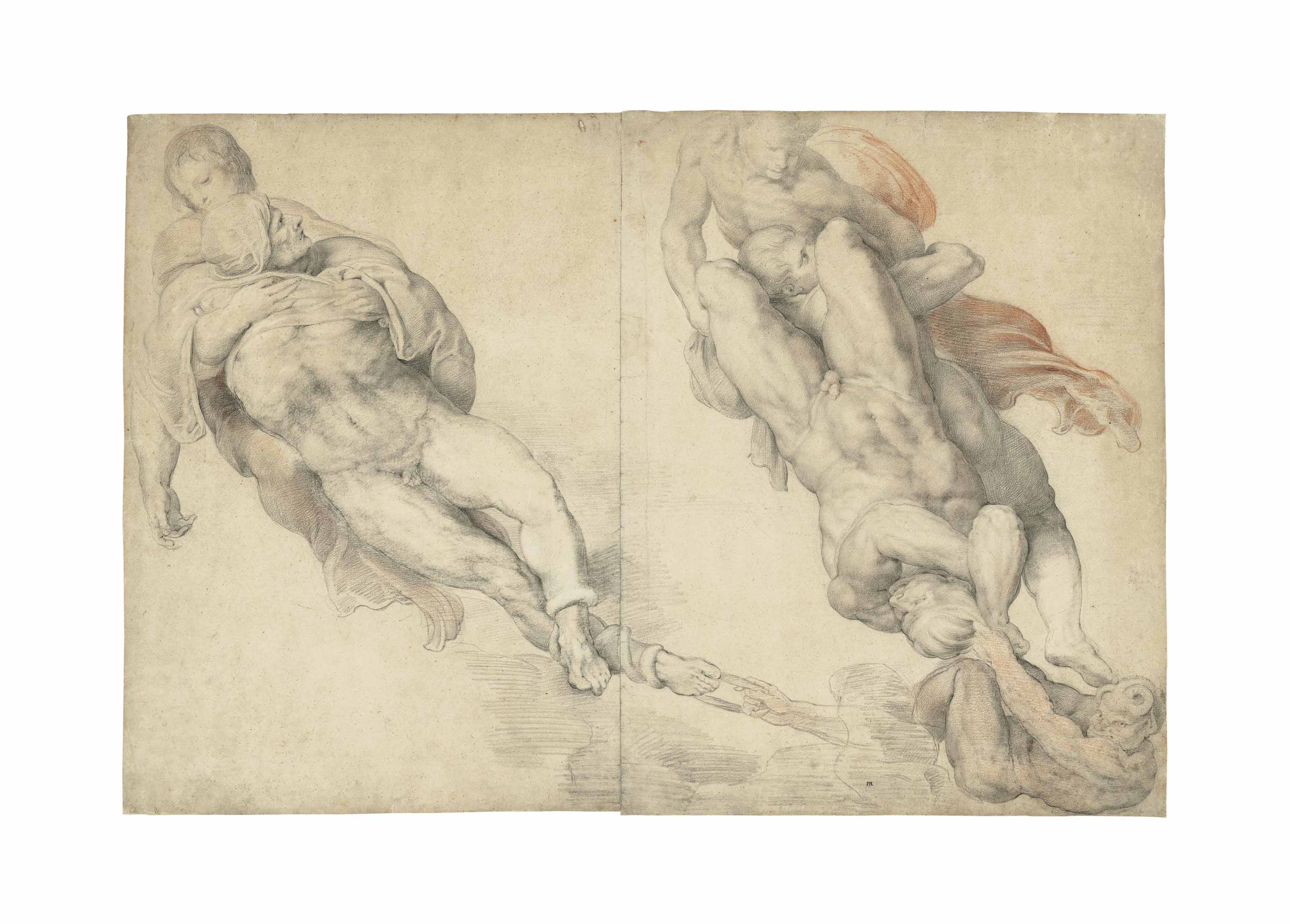 Two nude men dragged down by demons and lifted up by three partly robed figures, after Michelangelo