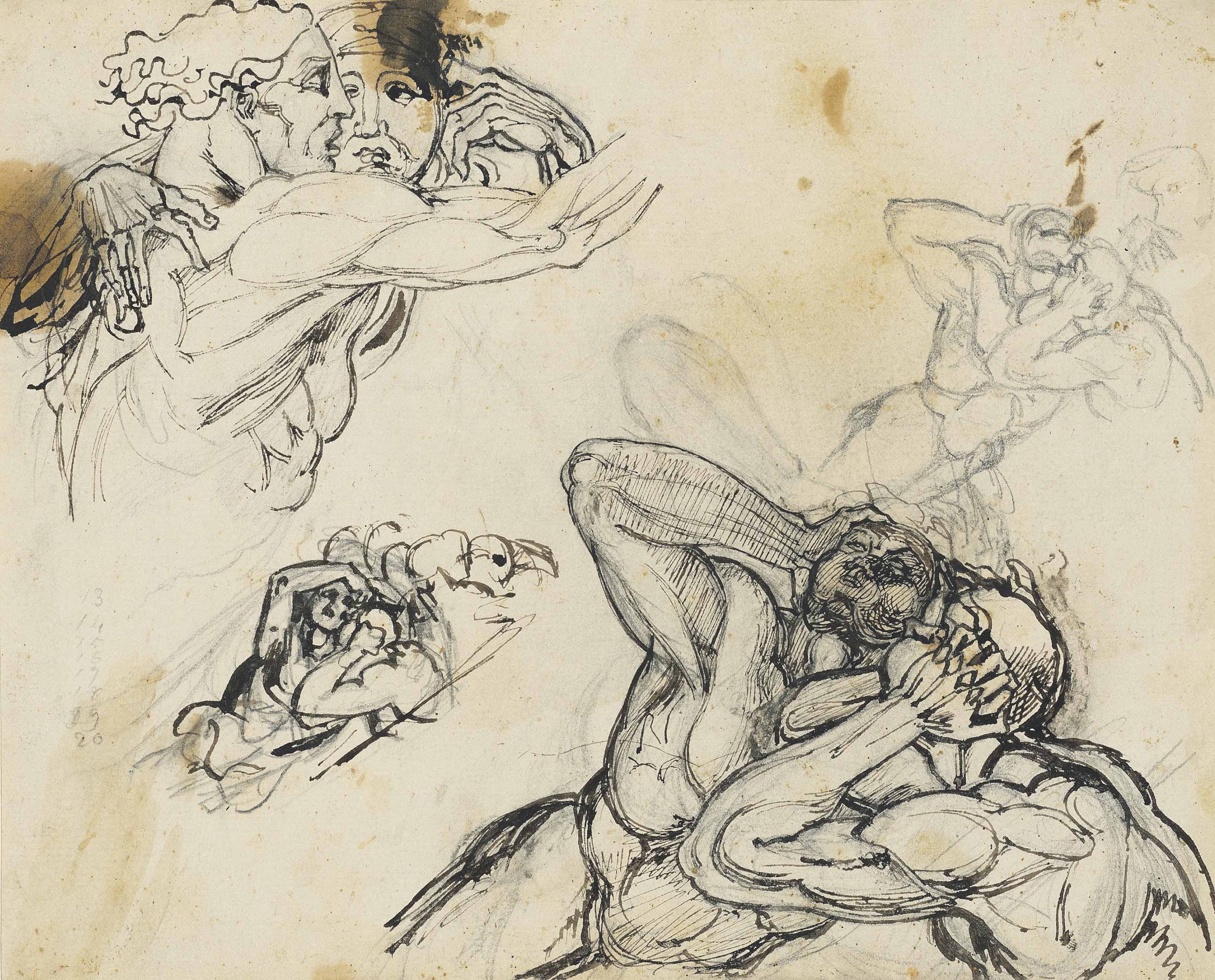 Four studies of frightened figures, possibly Paolo and Francesca