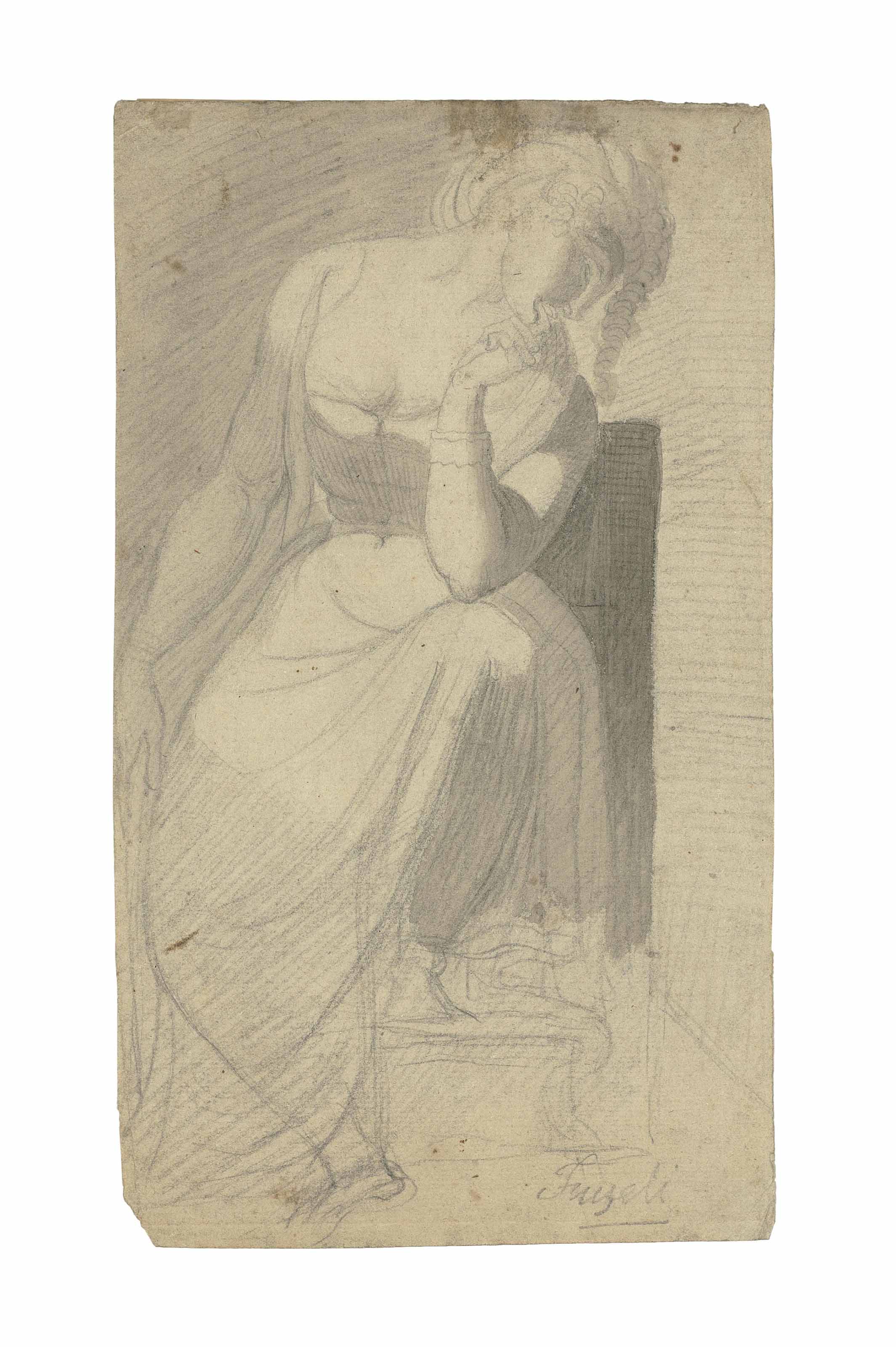 A contemplative woman seated, head resting on her right arm