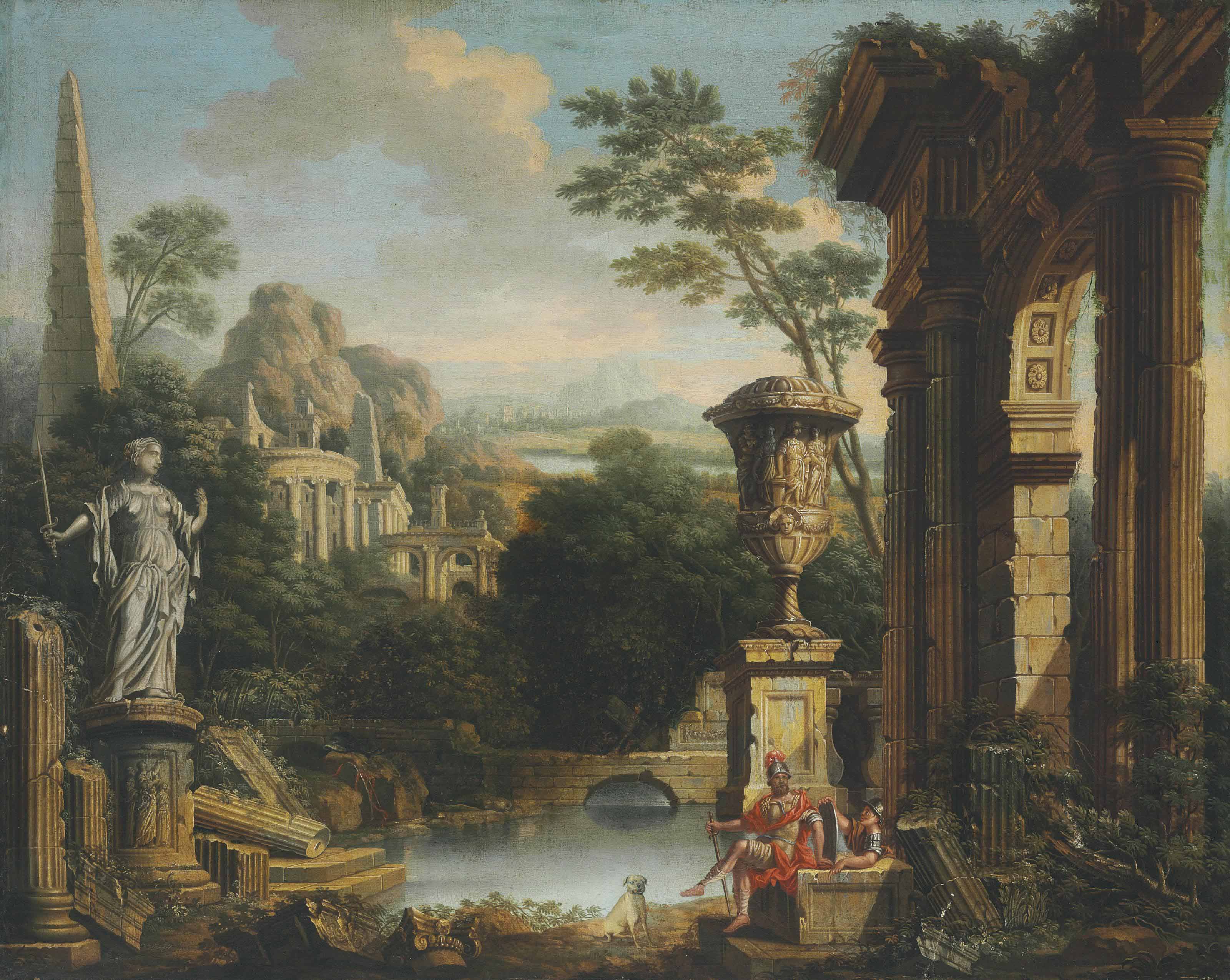An Arcadian river landscape with soldiers resting among classical ruins
