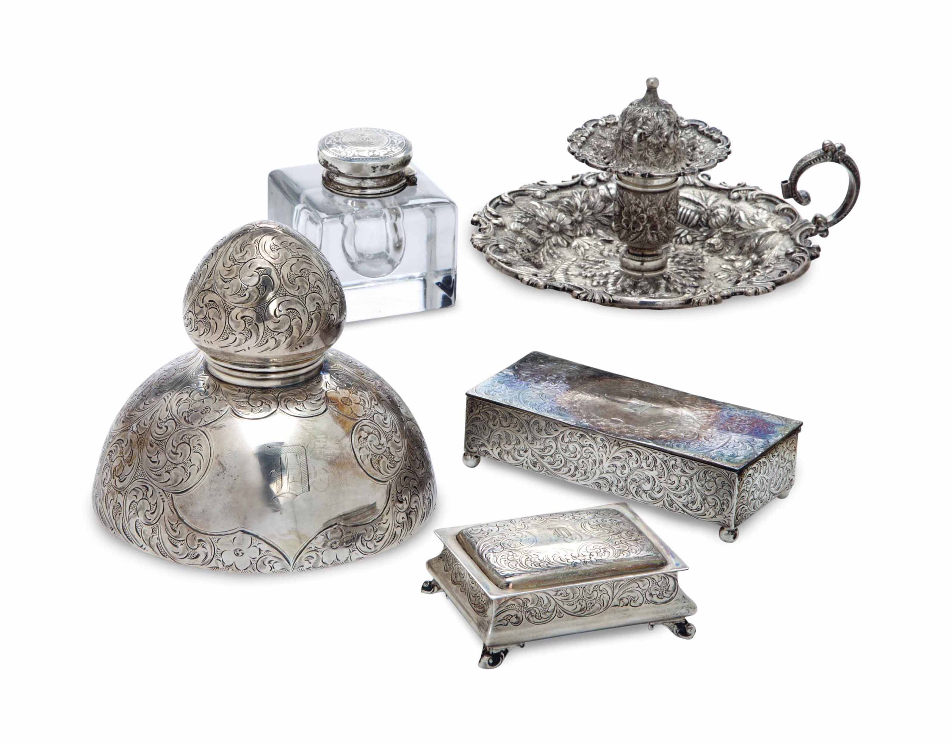An Assembled American Silver Desk Set Various Makers Marks