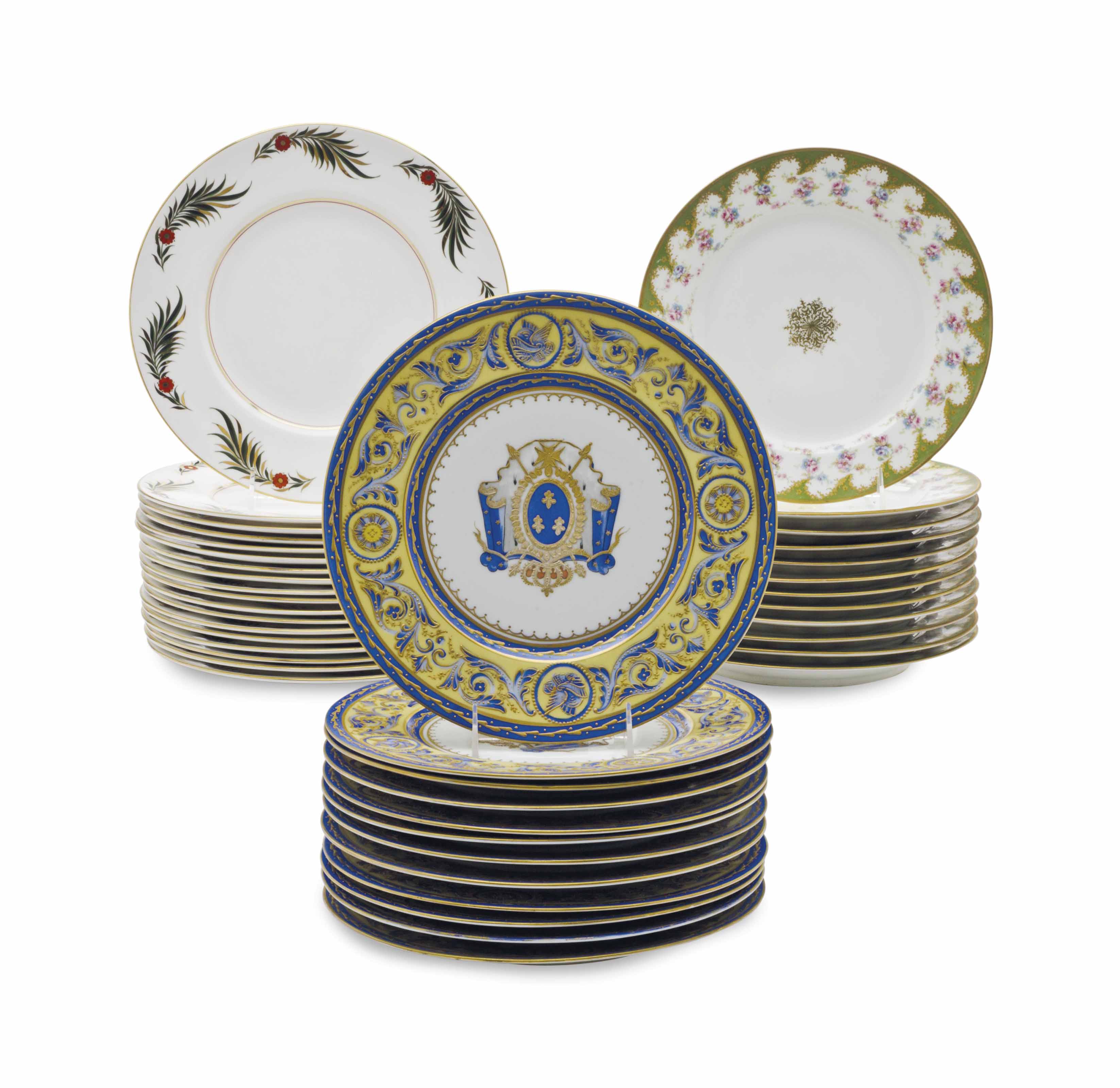 THREE SETS OF ENGLISH AND FRENCH PORCELAIN DINNER PLATES, , VARIOUS