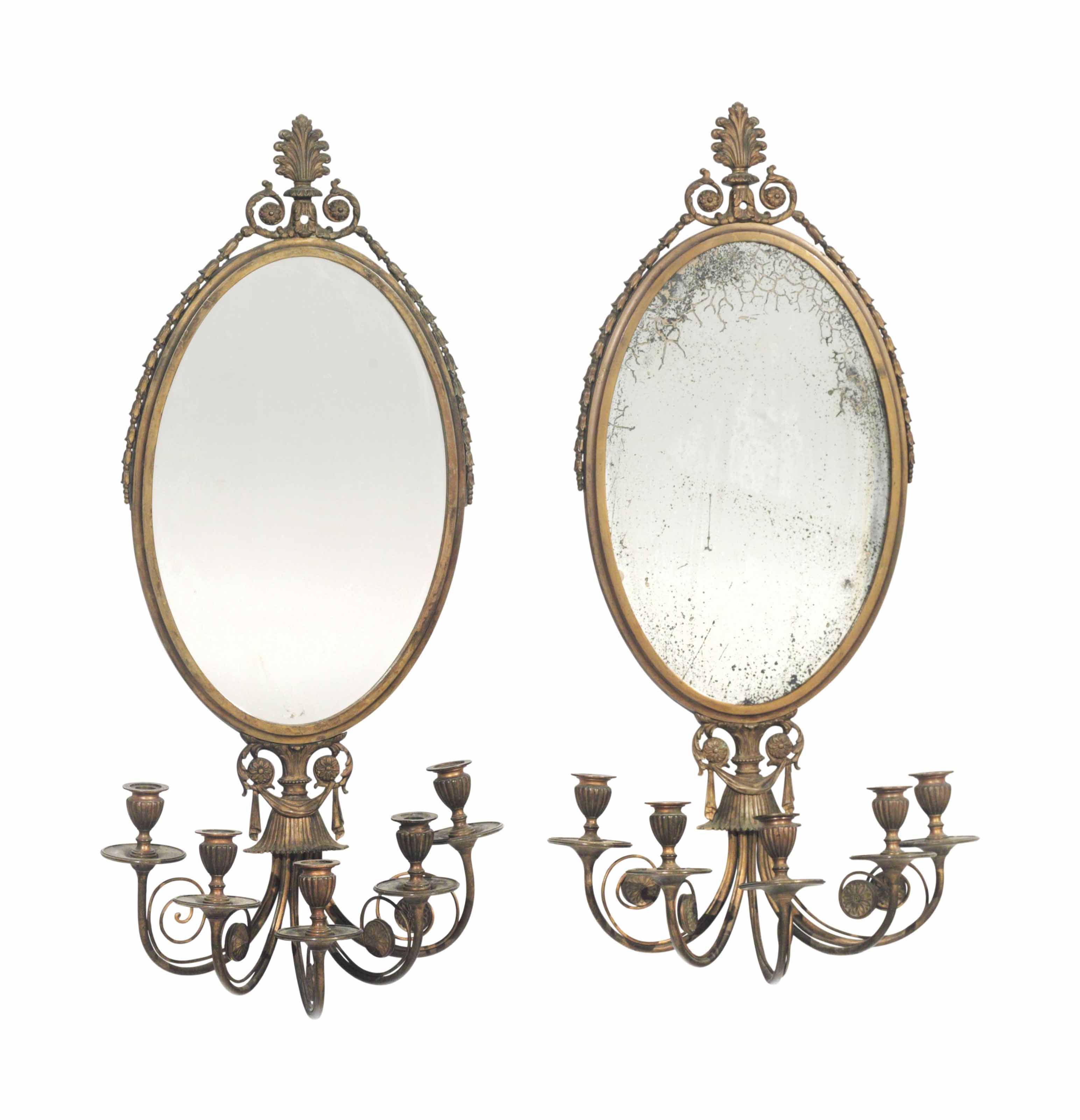 A PAIR OF III STYLE GILT METAL AND MIRRORED GLASS FIVELIGHT