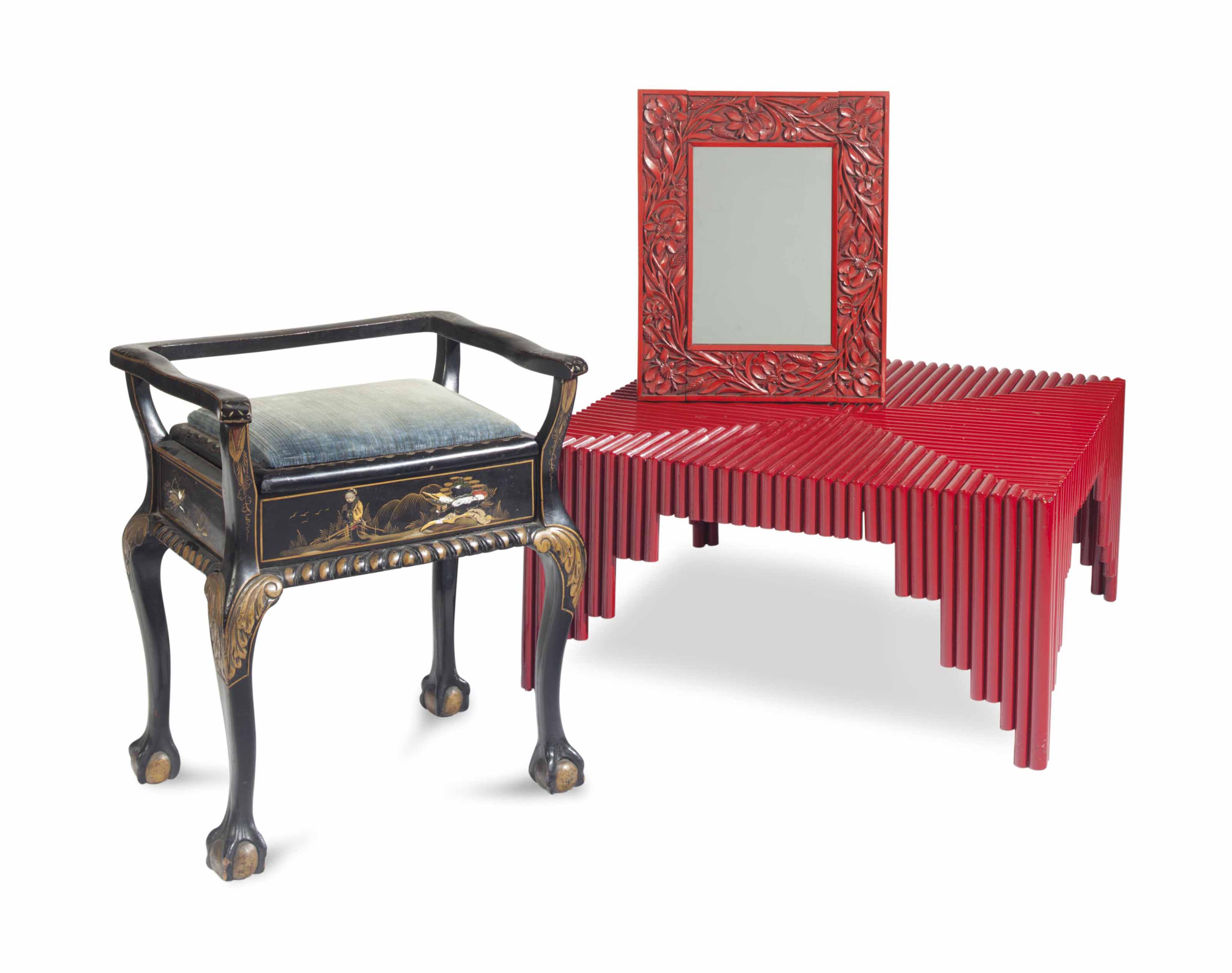 A Red Painted Square Low Table A Pair Of Red Painted Carved Mirrors And A Continental Black Japanned Piano Stool 20th Century Low Table Furniture Lighting Christie S