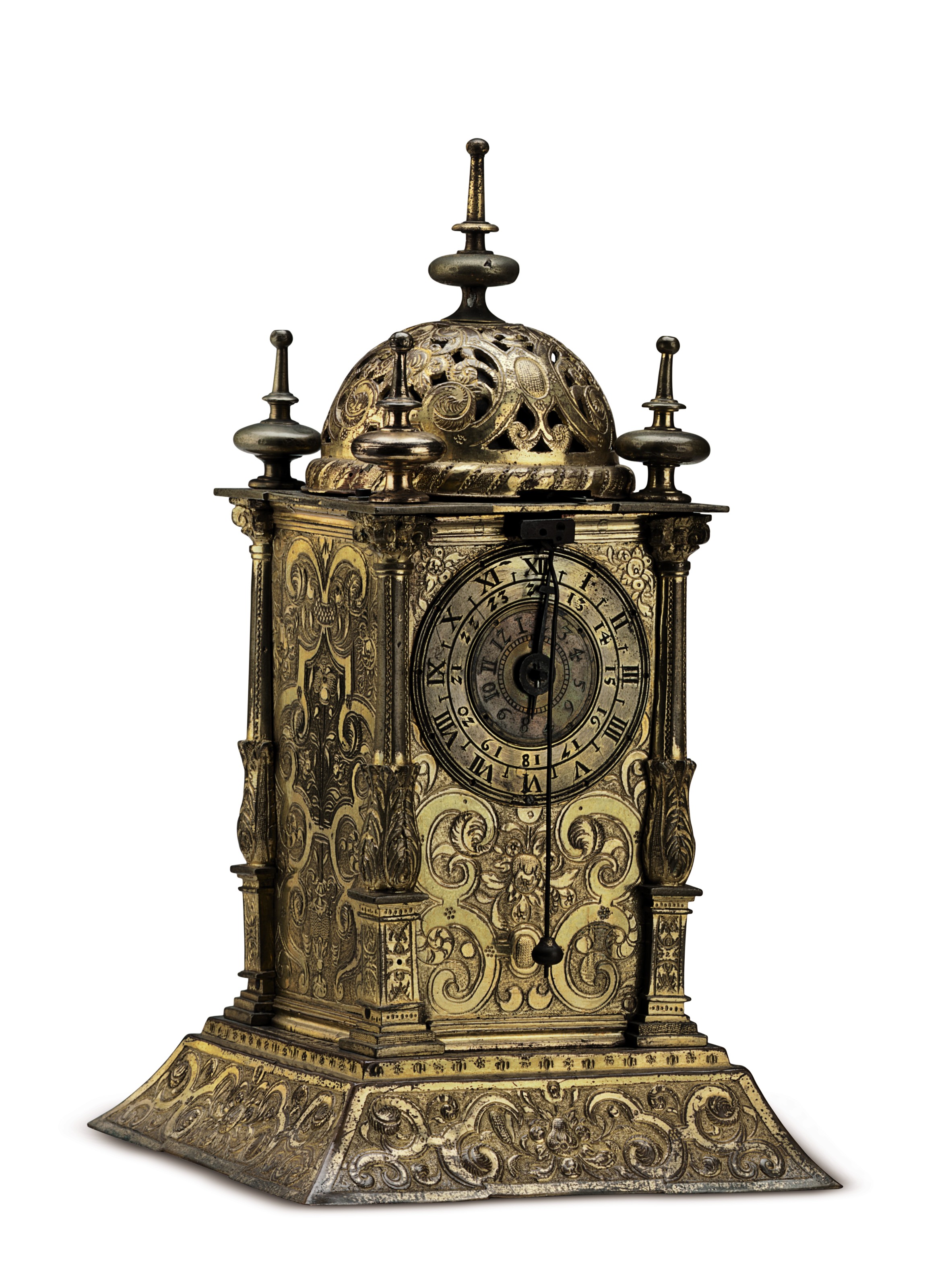 A GERMAN ENGRAVED GILTBRASS AND COPPER STRIKING TABLE CLOCK WITH ALARM