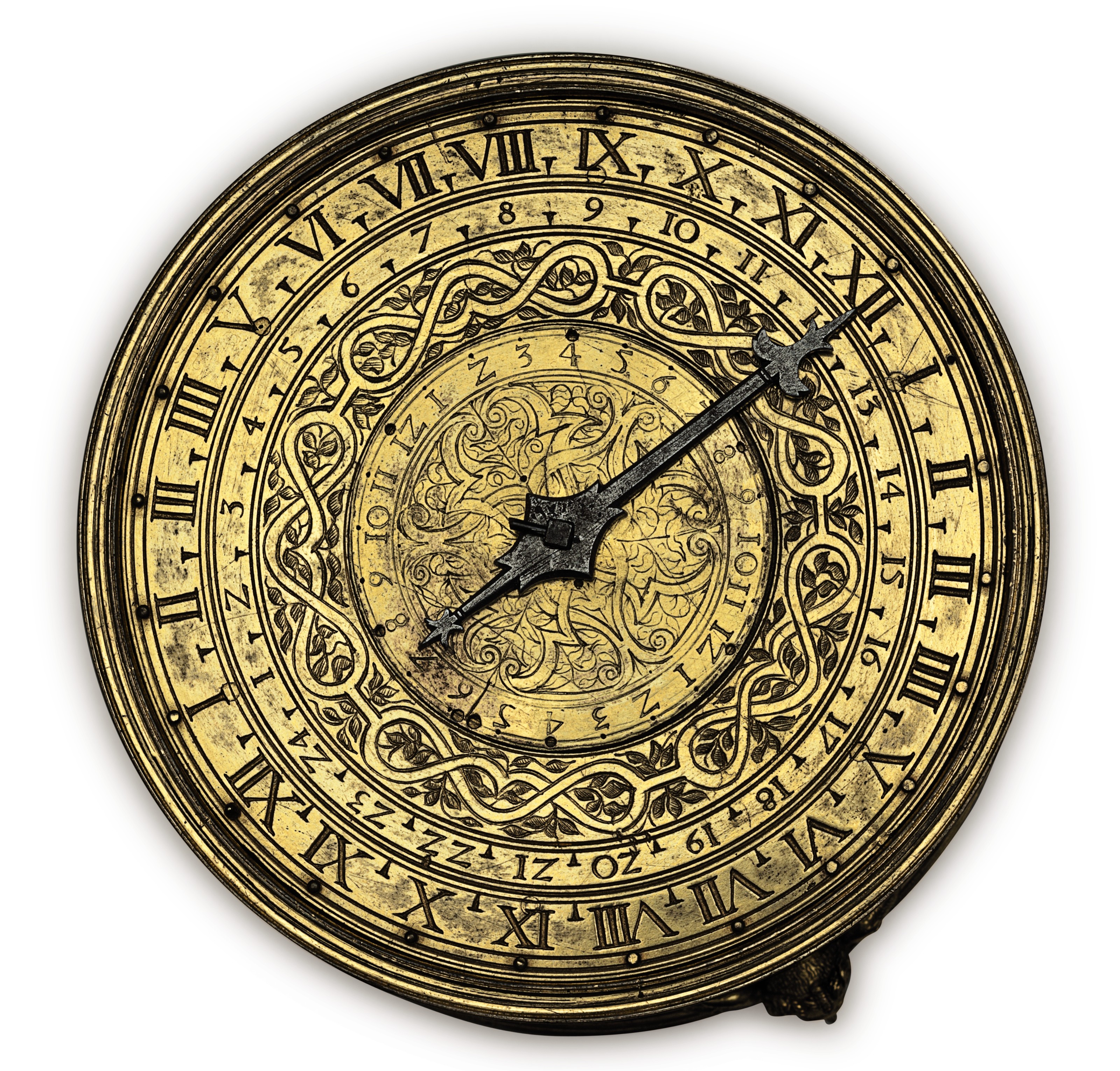 A GERMAN ENGRAVED GILTBRASS STRIKING CIRCULAR TABLE CLOCK WITH ALARM