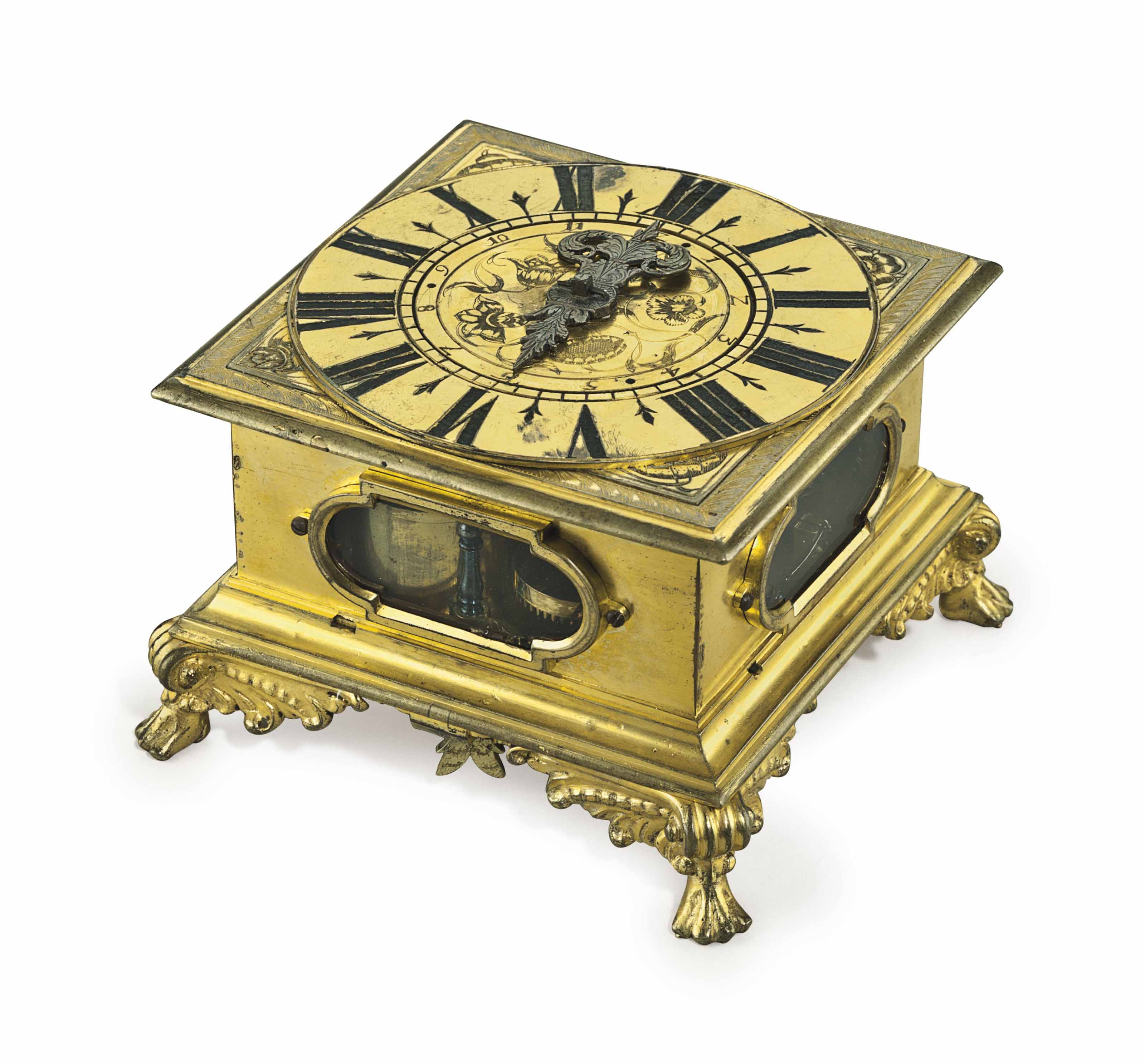 A German Gilt Brass Striking Square Table Clock With Alarm