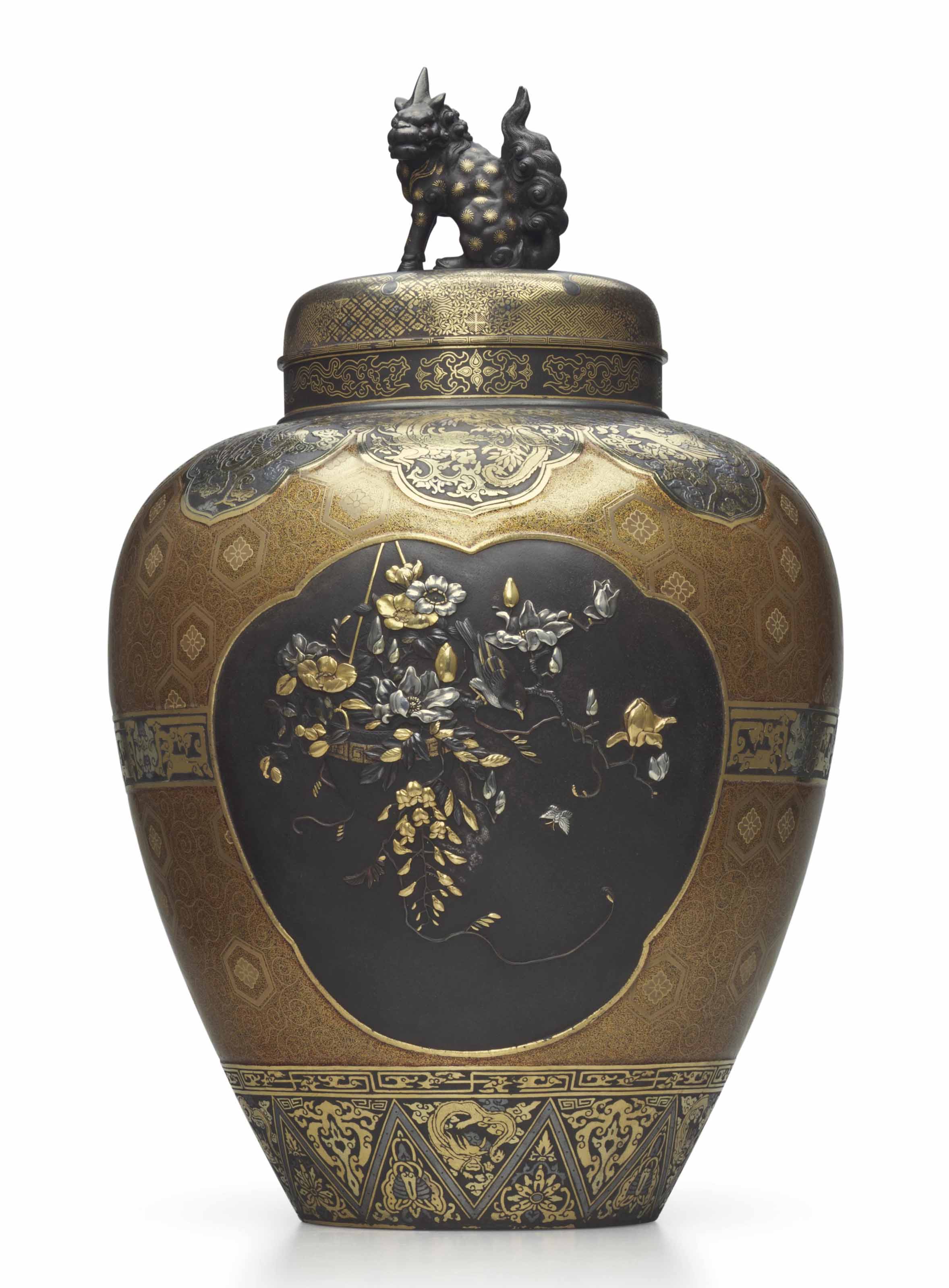 A mixedmetalinlaid iron jar and cover , MEIJI PERIOD (LATE 19TH