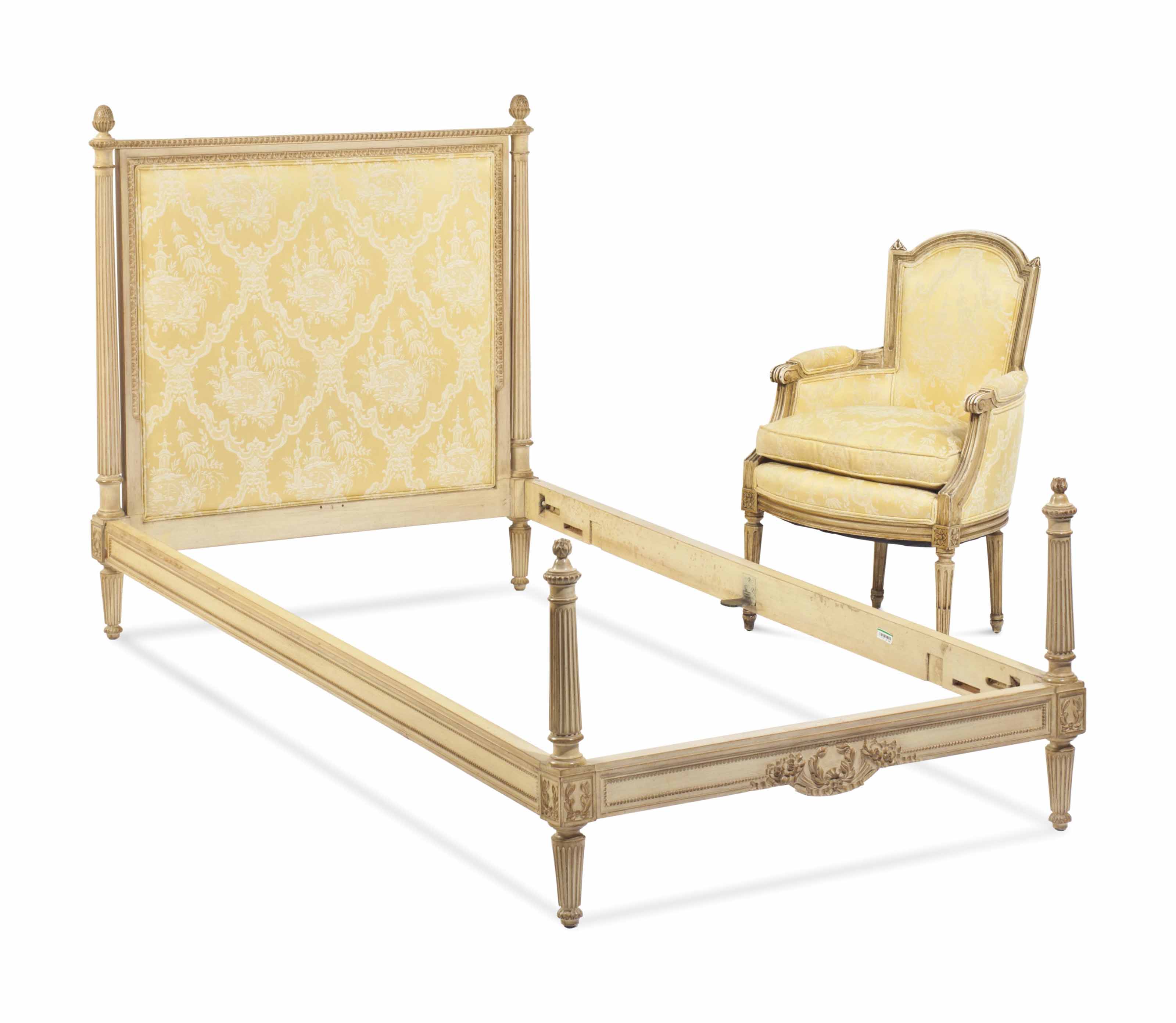 A PAIR OF LOUIS XVI STYLE YELLOWPAINTED AND UPHOLSTERED BEDS,
