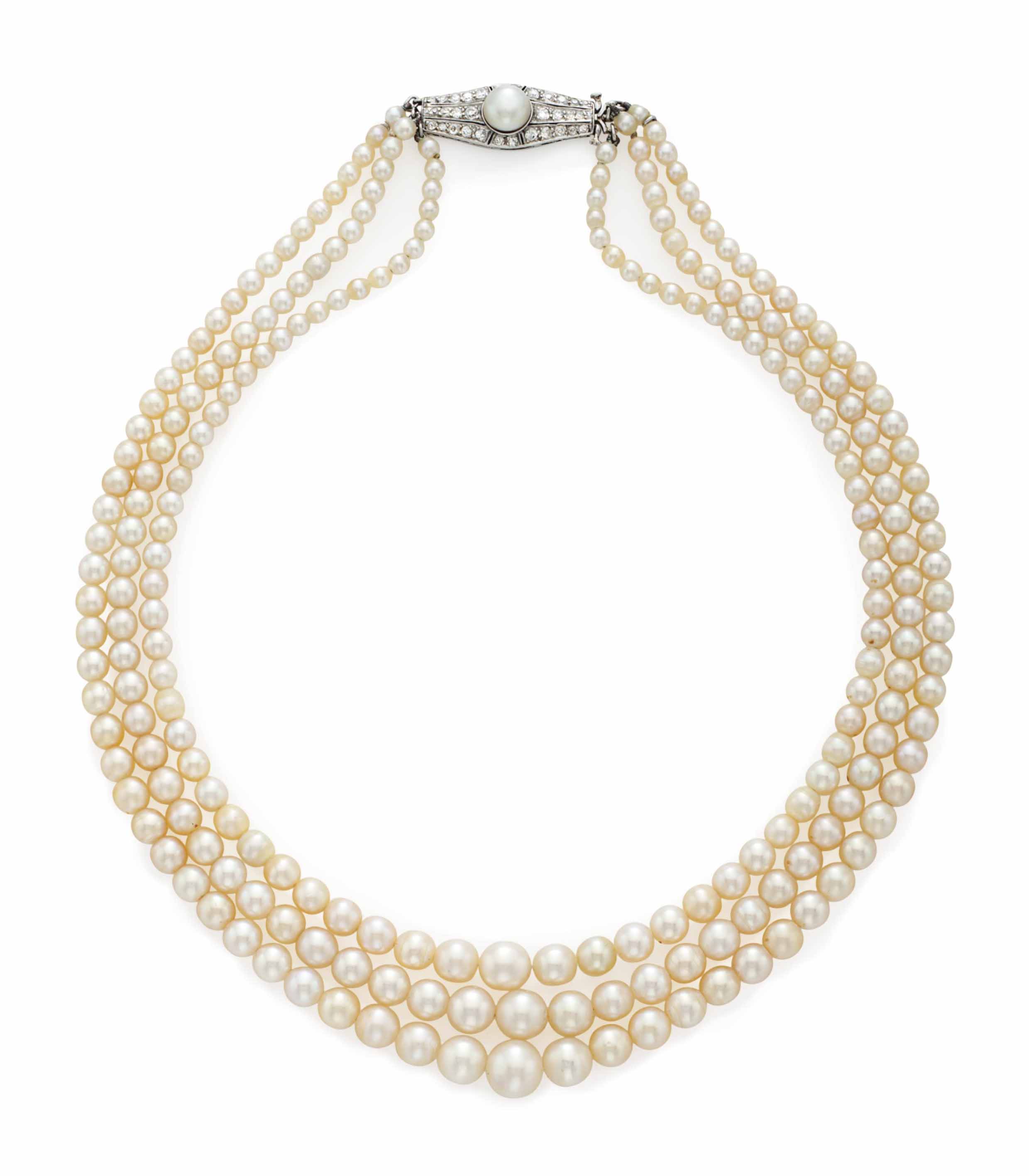 A THREESTRAND NATURAL PEARL AND DIAMOND NECKLACE Christie's