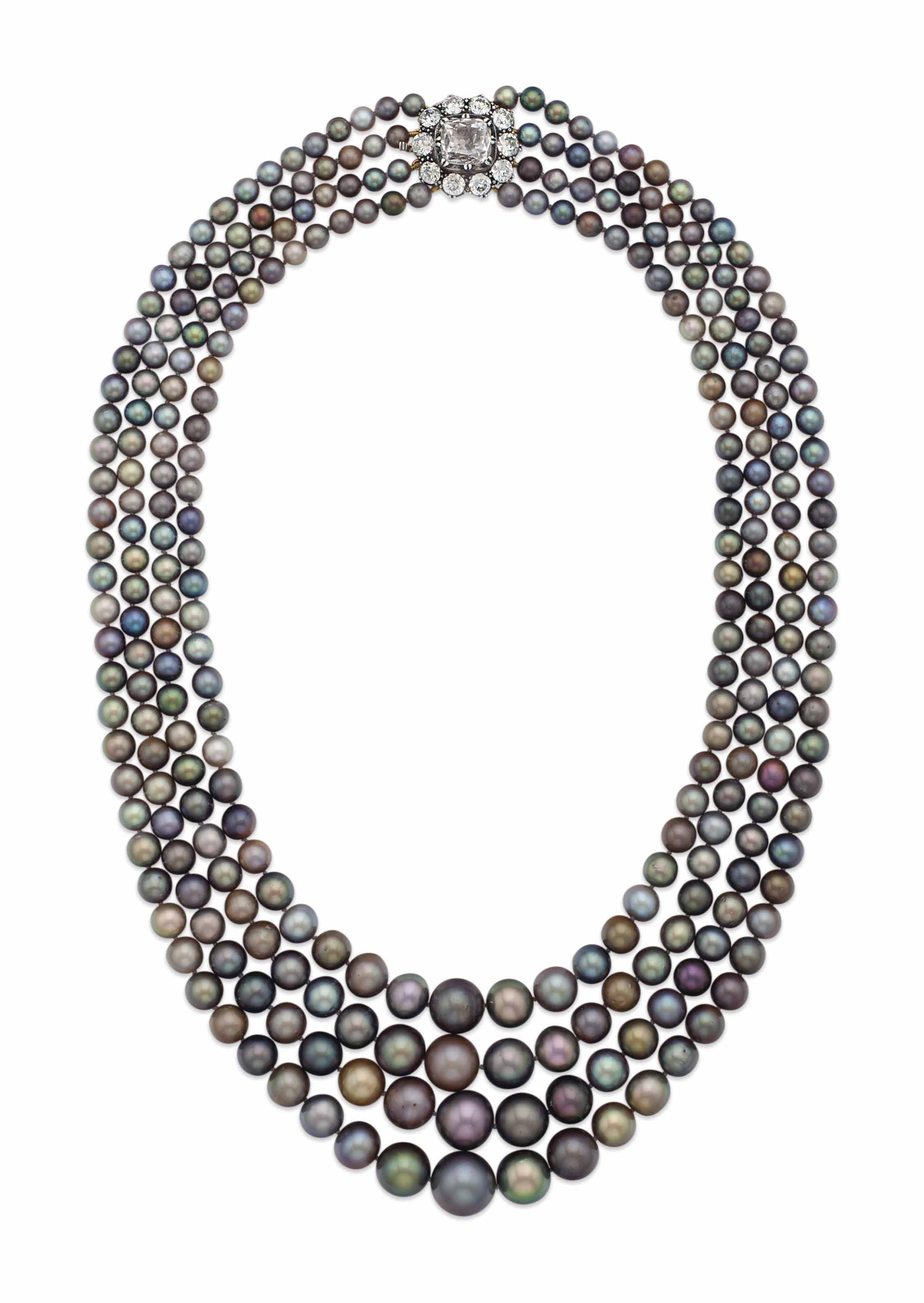 A MAGNIFICENT AND RARE NATURAL COLORED PEARL AND DIAMOND NECKLACE