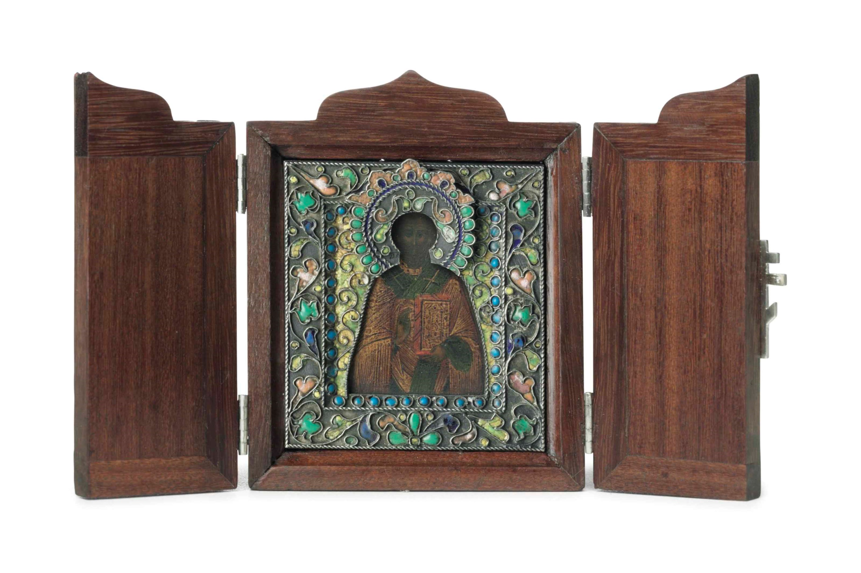 A SILVER WOOD AND CLOISONN ENAMEL ICON OF CHRIST PANTOCRATOR