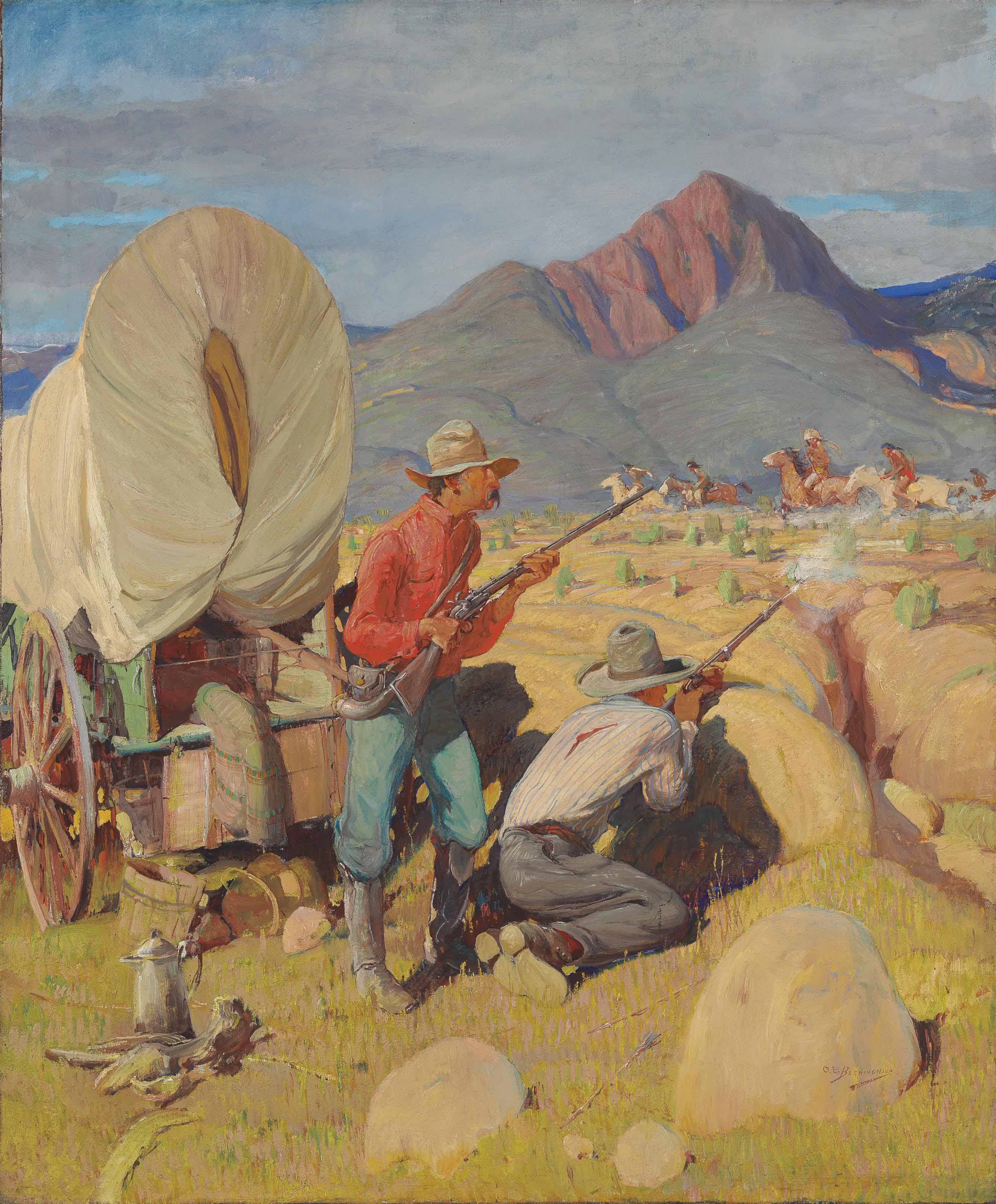 Oscar Edmund Berninghaus 1874 1952 Attack On The Wagon Train