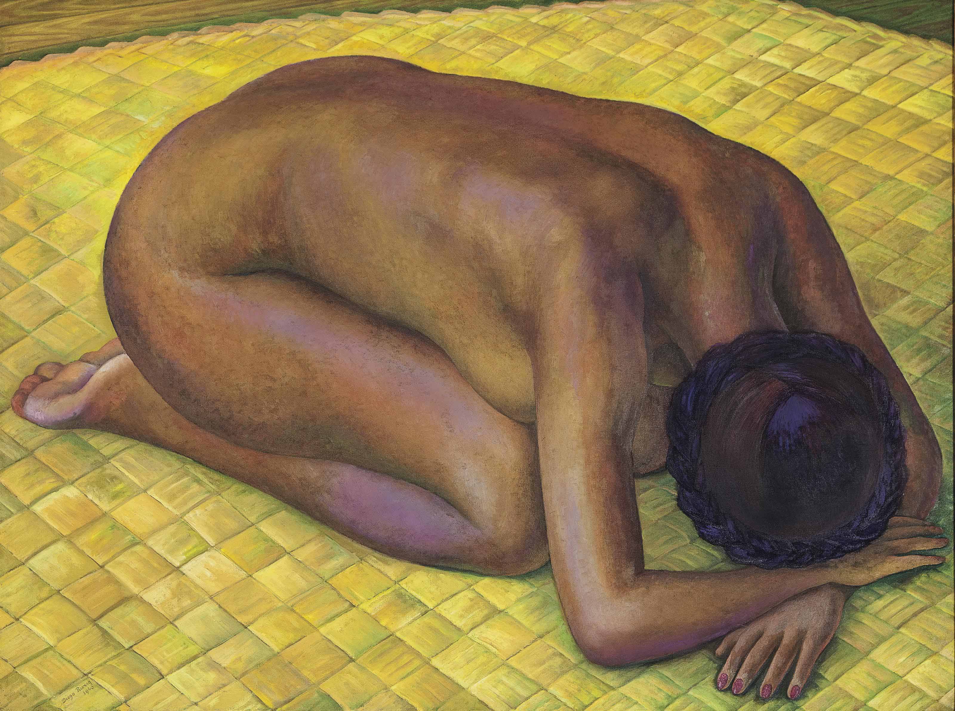 Nieves desnuda de rodillas sobre un petate
