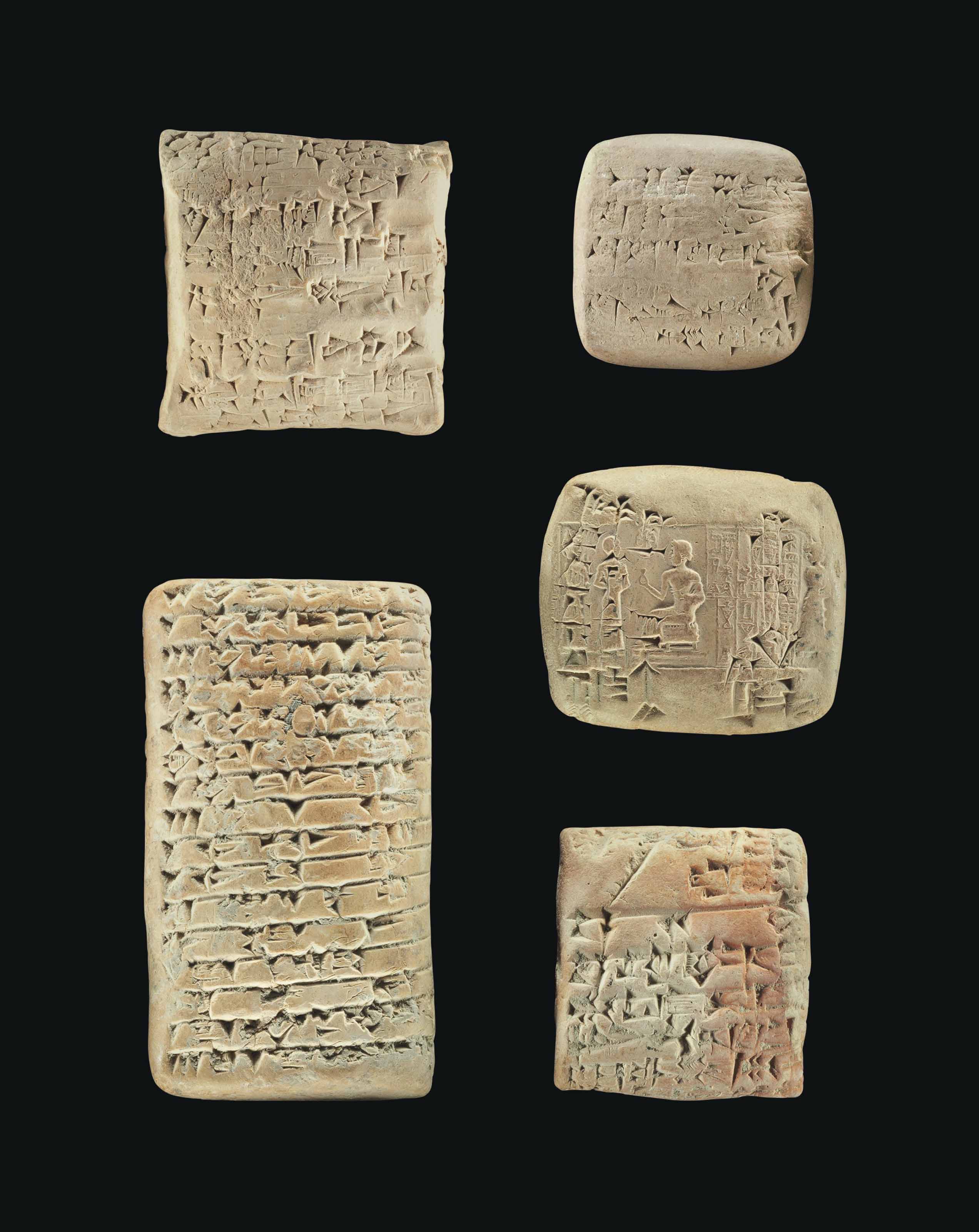 FIVE SUMERIAN CLAY CUNEIFORM TABLETS