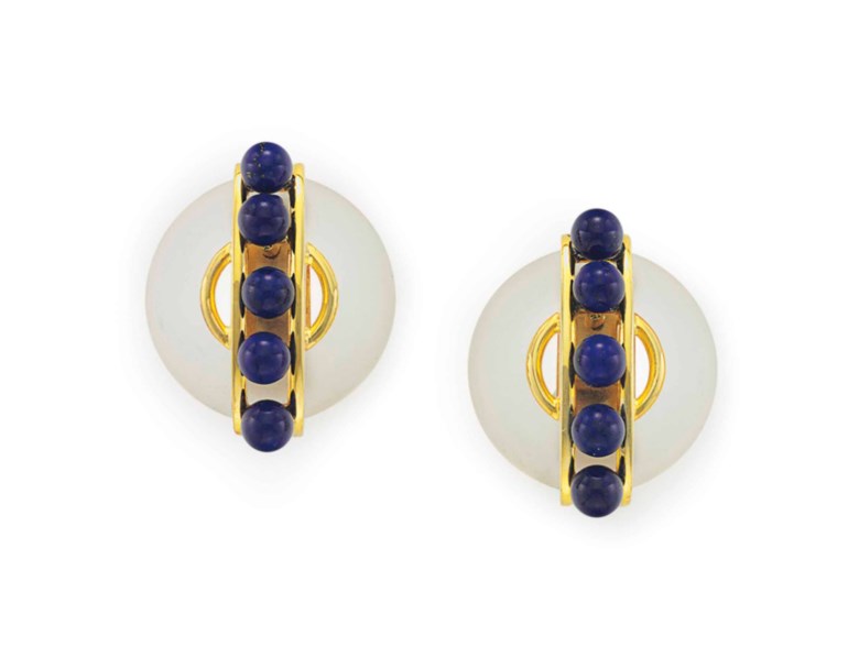 Aldo Cipullo for Cartier, rock crystal and lapis lazuli ear clips, circa 1970. Sold for $6,875 on 16 June 2015 at Christie’s in New York