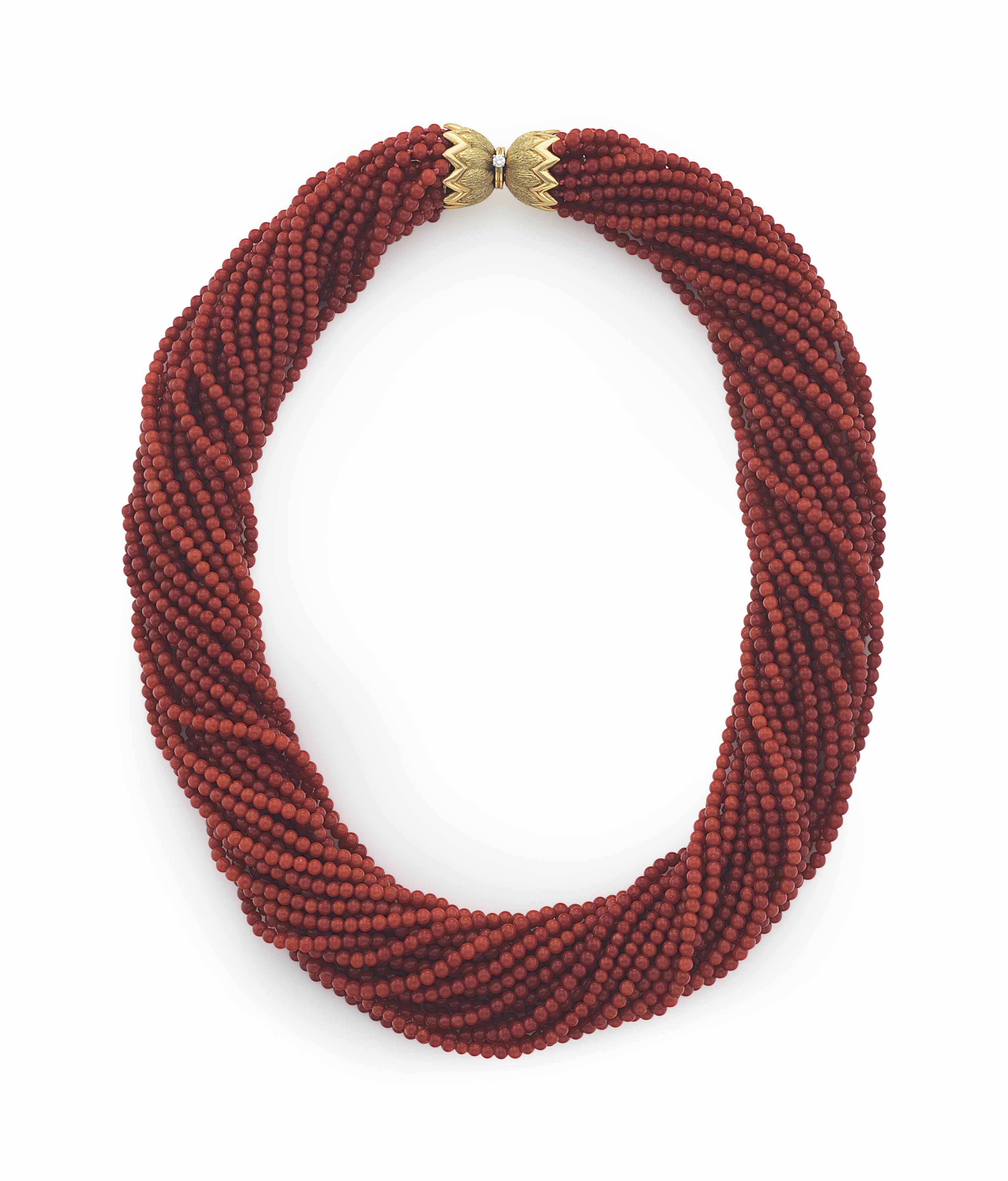 A CORAL BEAD, DIAMOND AND GOLD NECKLACE 