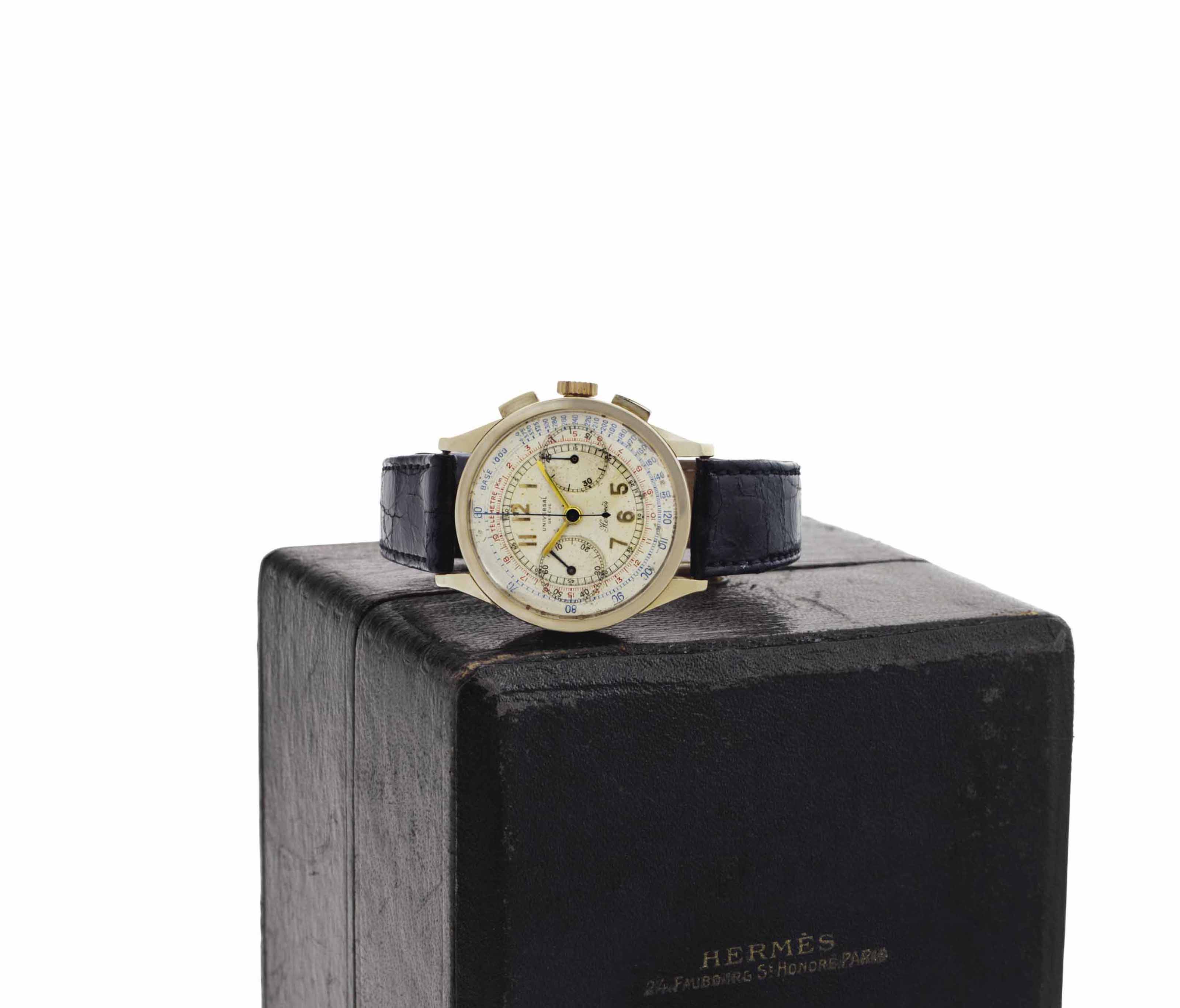 Universal and Hermès, A Rare 18k Gold Chronograph Wristwatch , SIGNED