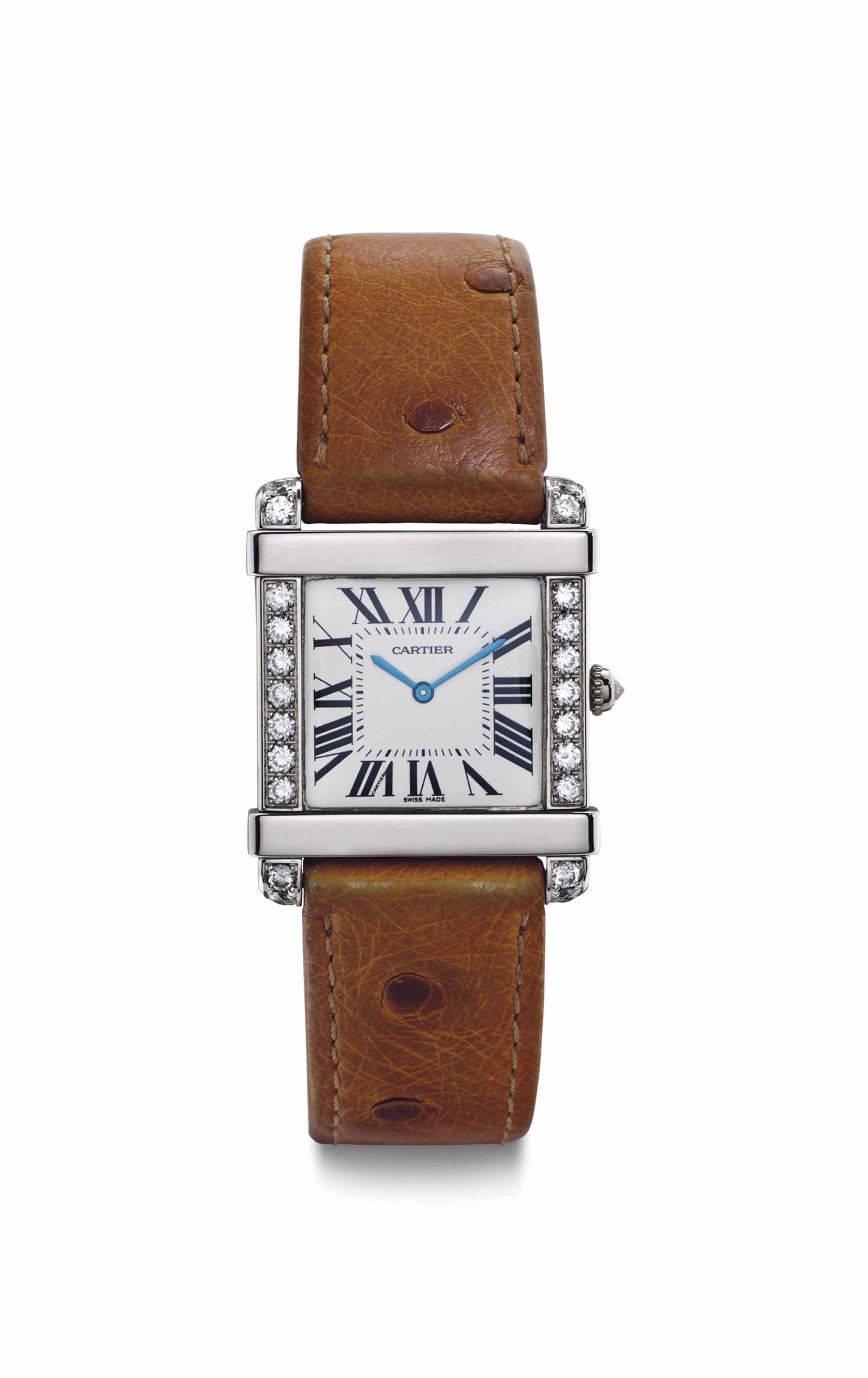 Cartier. A Platinum and Diamondset SquareShaped Wristwatch