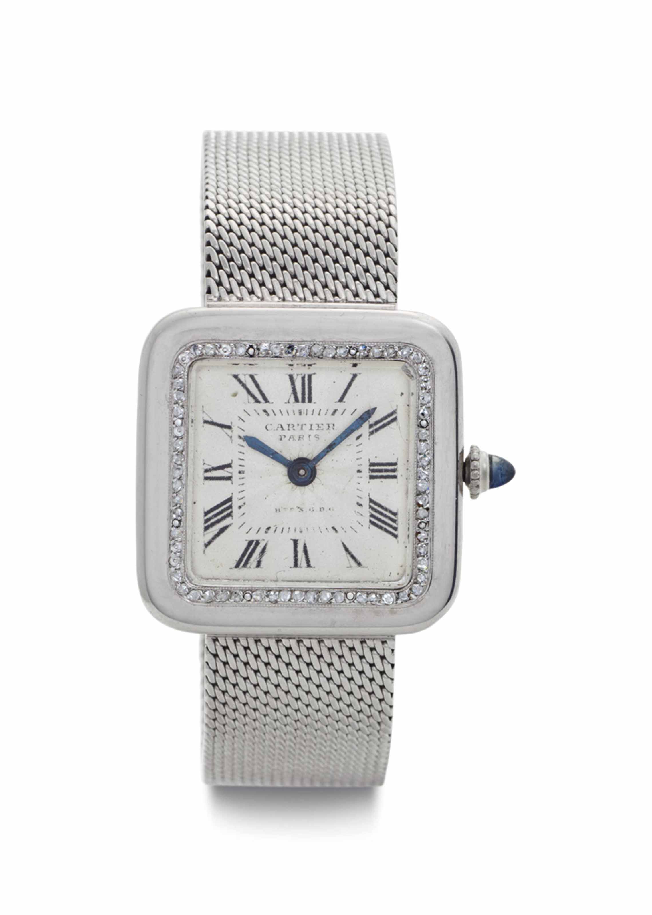 Cartier. A Rare Platinum and Diamondset Squareshaped Wristwatch