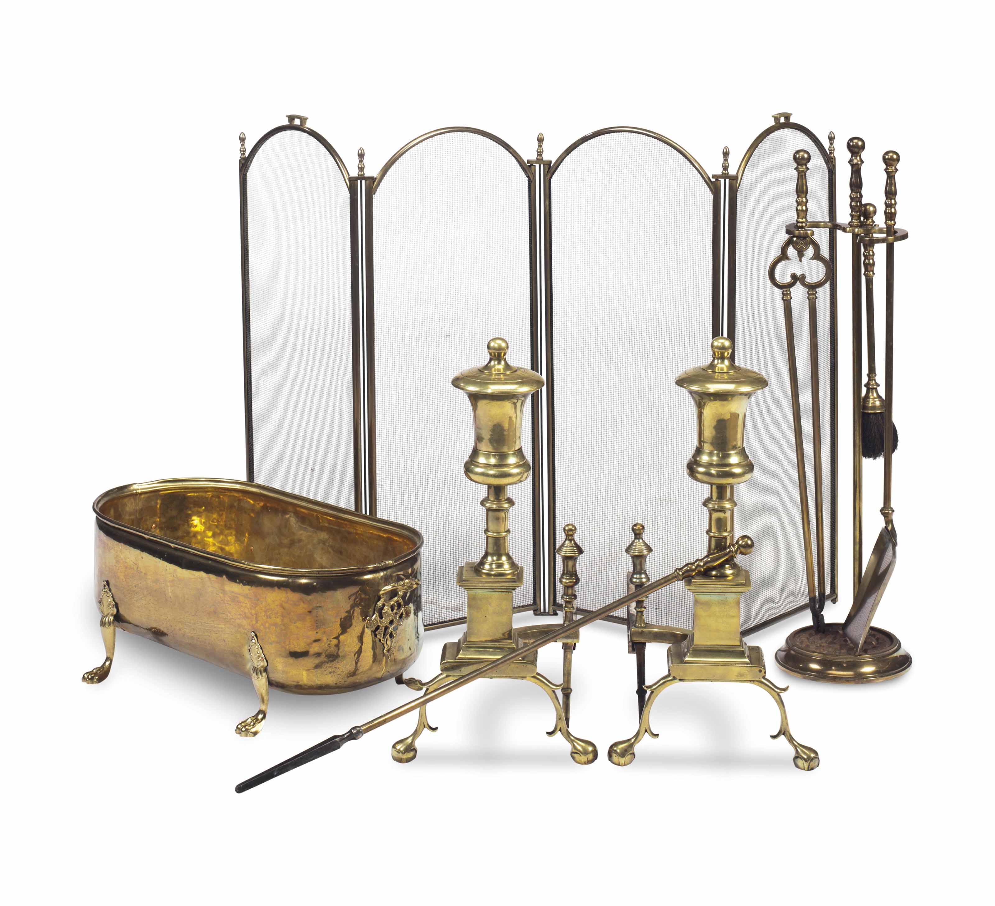 An Assembled Group Of Brass Fireplace Equipment 19th 20th