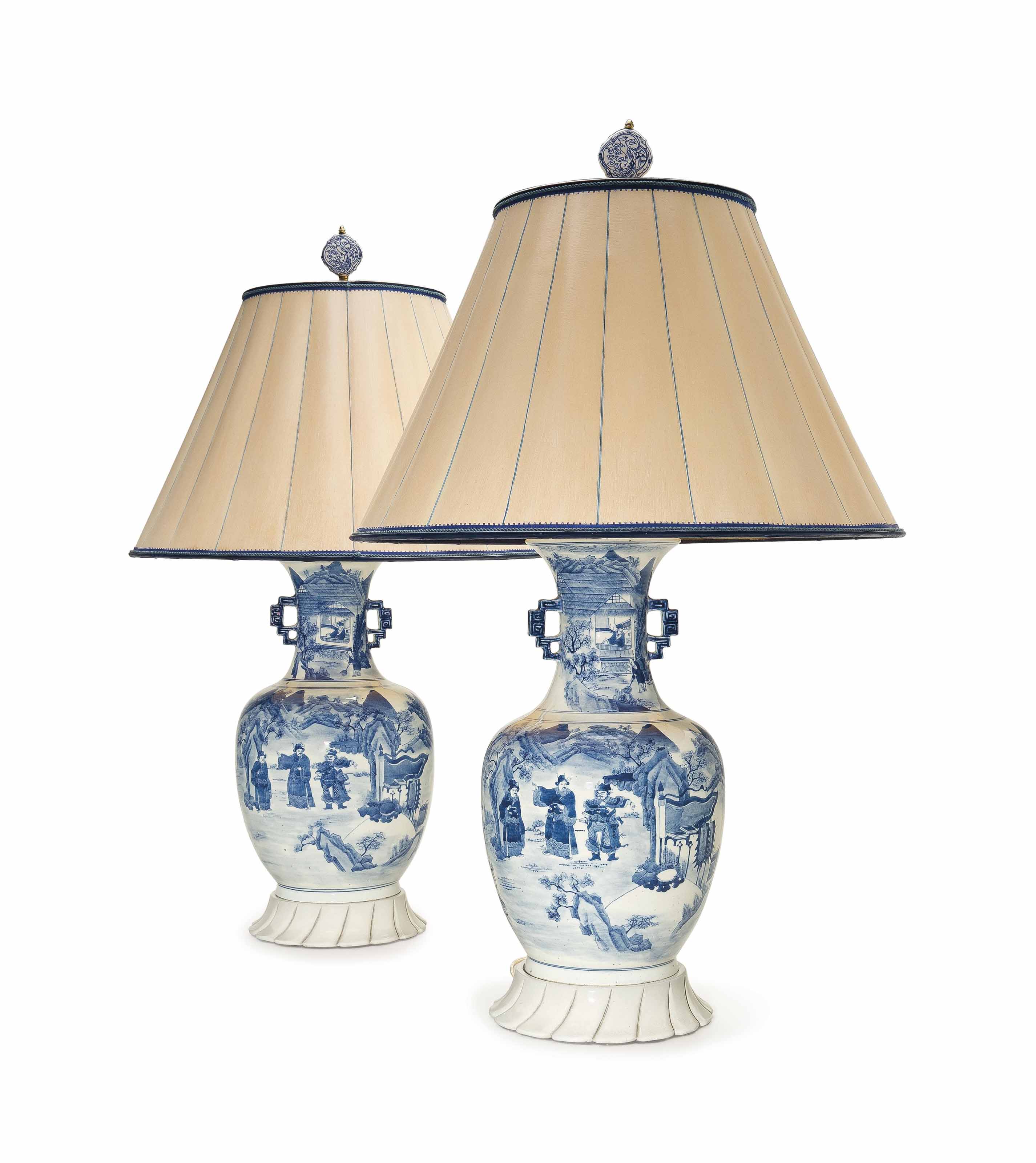 A Pair Of Blue And White Chinese Lamps Late Qing Dynasty 18th