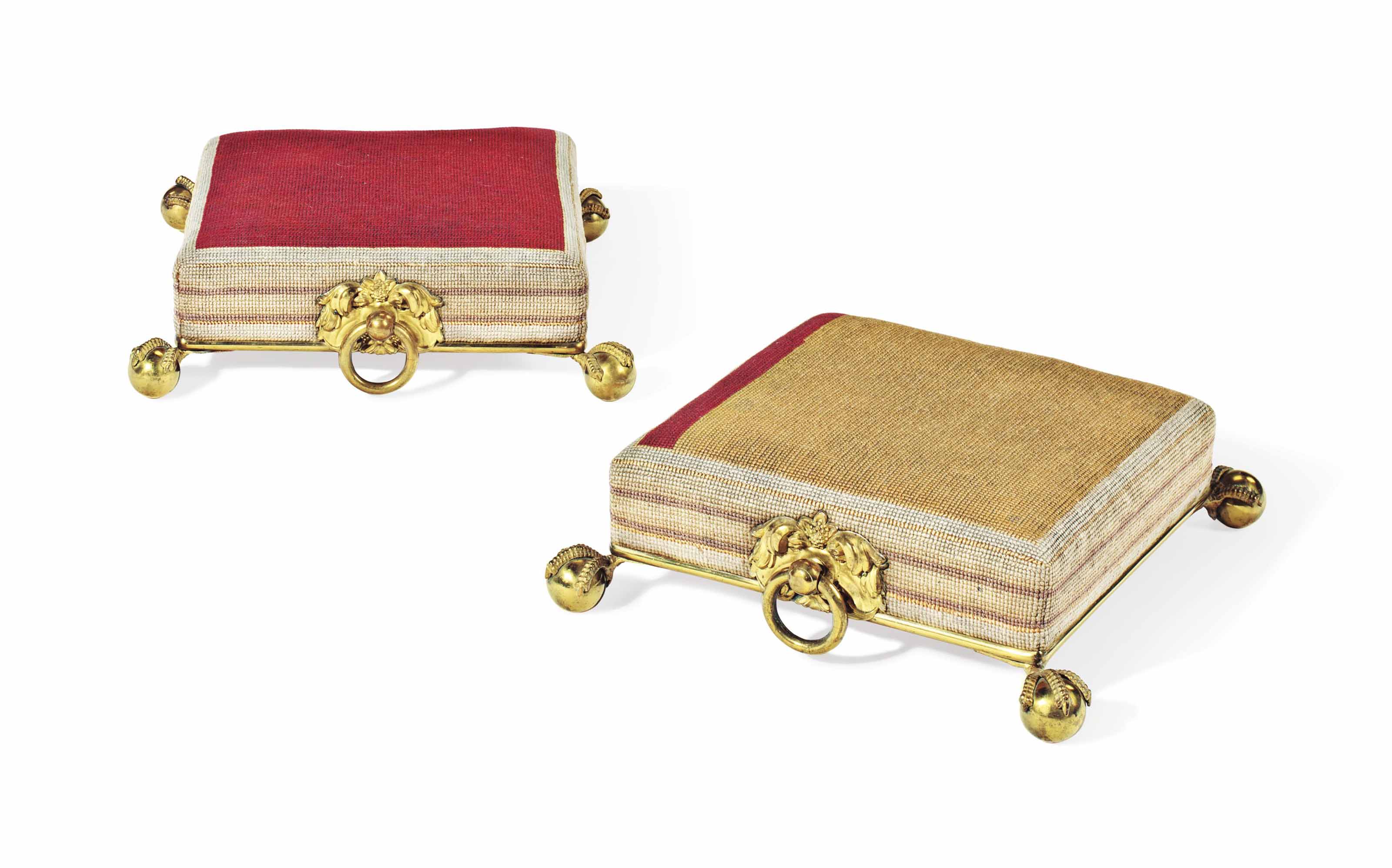 A PAIR OF LATE REGENCY BRASSMOUNTED NEEDLEWORK FOOTSTOOLS , 19TH