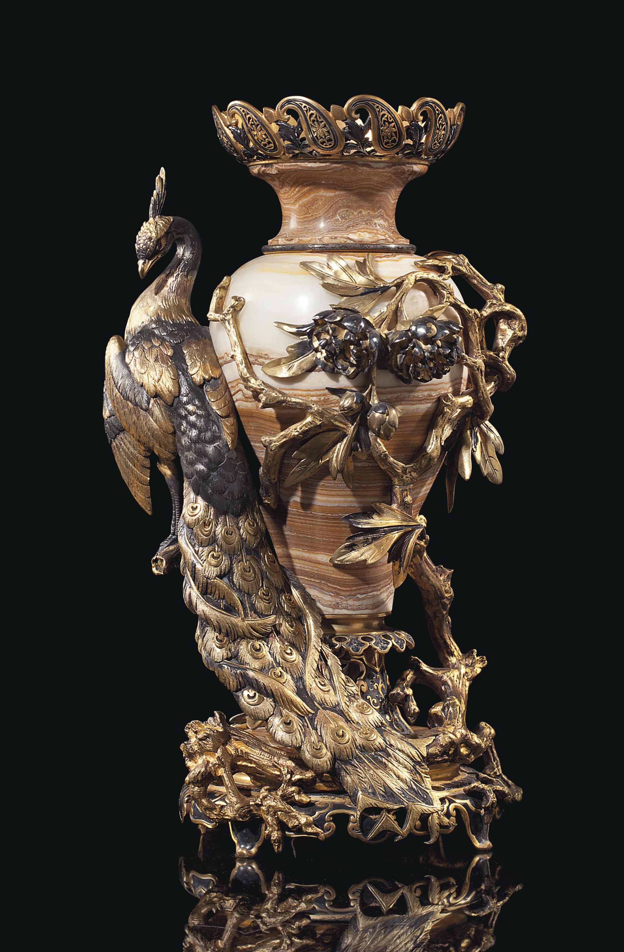A French Polychrome Patinated Bronze Mounted Algerian Onyx Vase