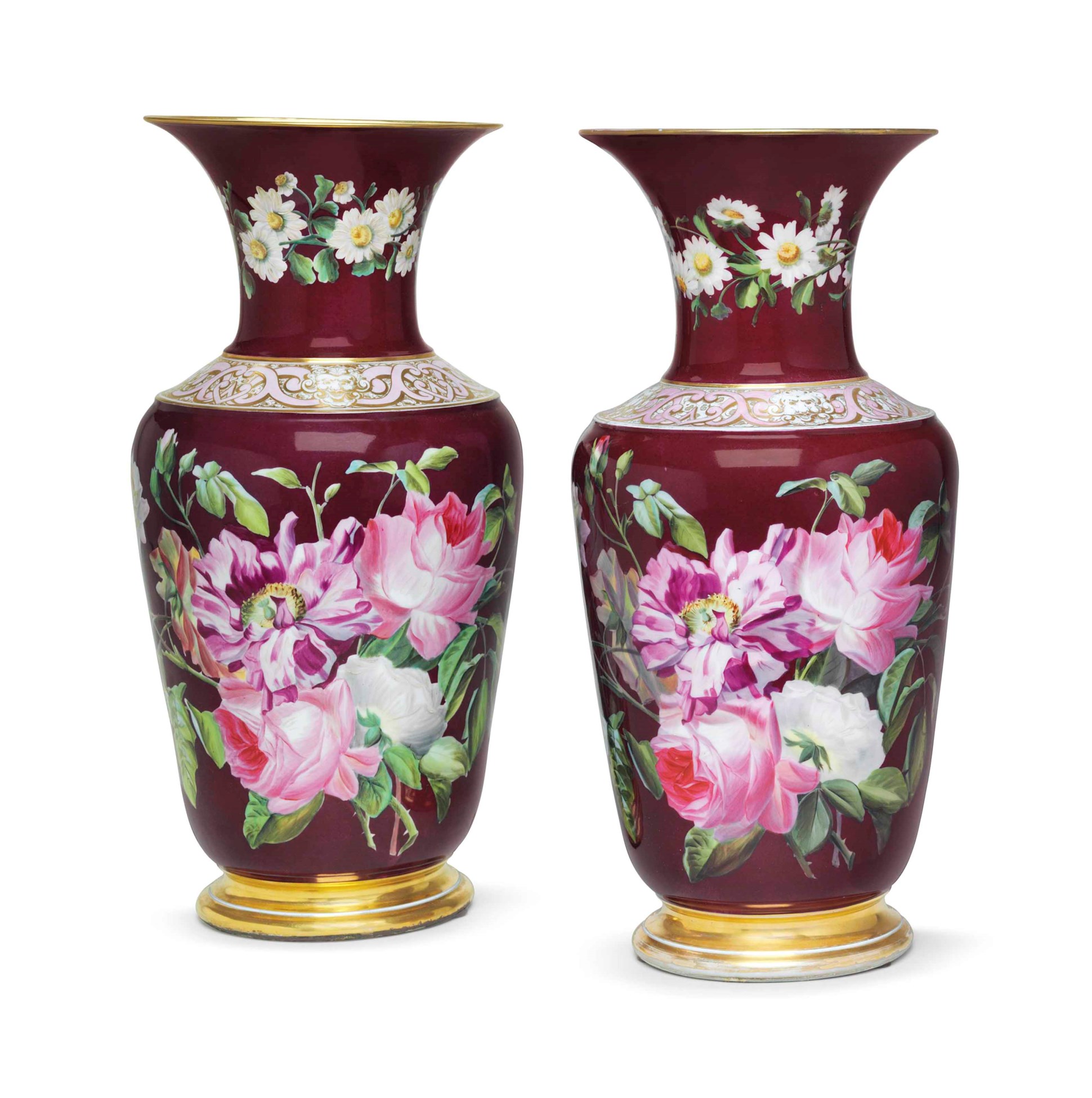 A PAIR OF FRENCH PORCELAIN BURGUNDYGROUND VASES, LATE 19TH/20TH CENTURY, RESPECTIVELY INCISED O