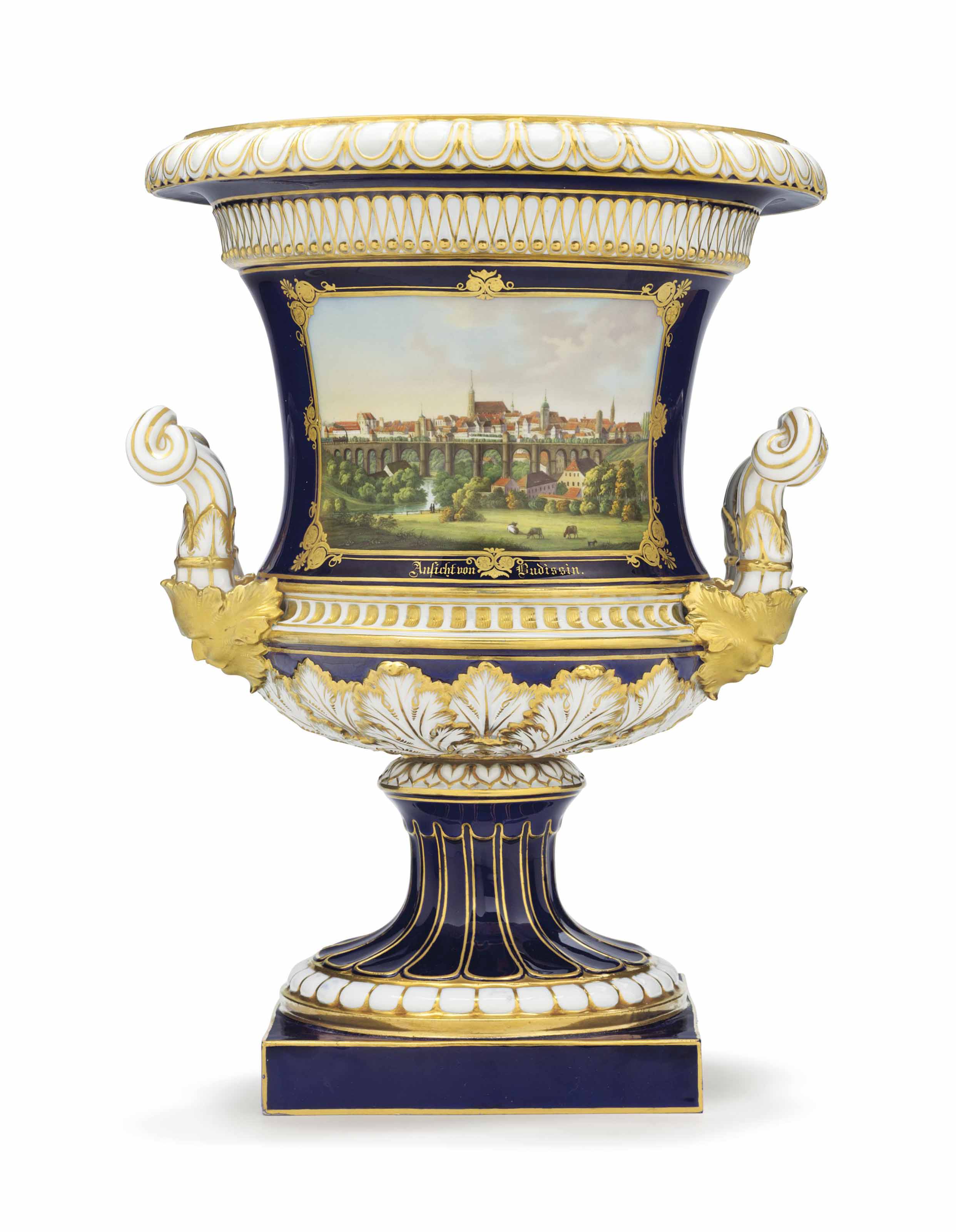 A Meissen Porcelain Cobalt Blue Ground Topographical Armorial Vase