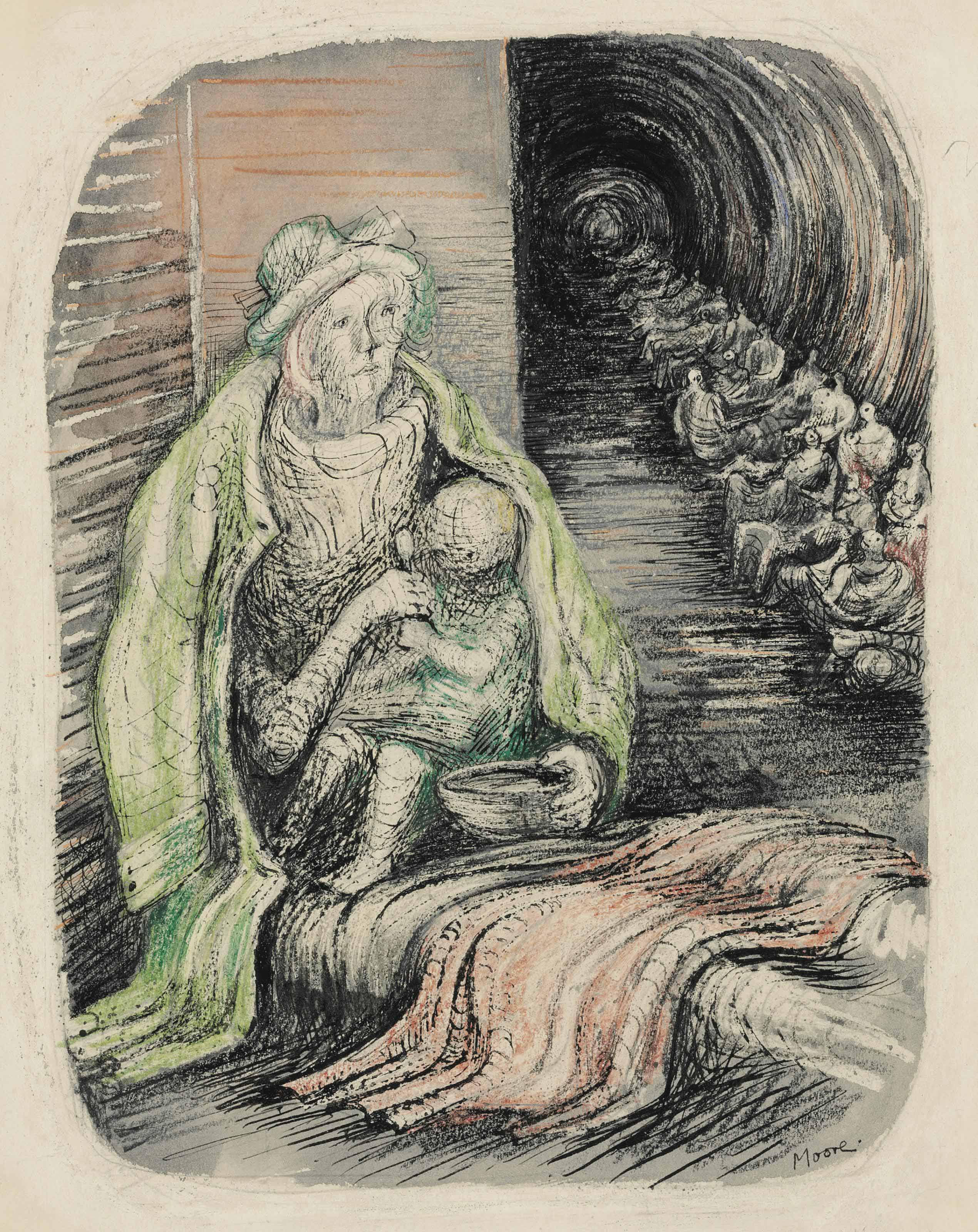 Woman in an Underground Shelter Feeding a Child