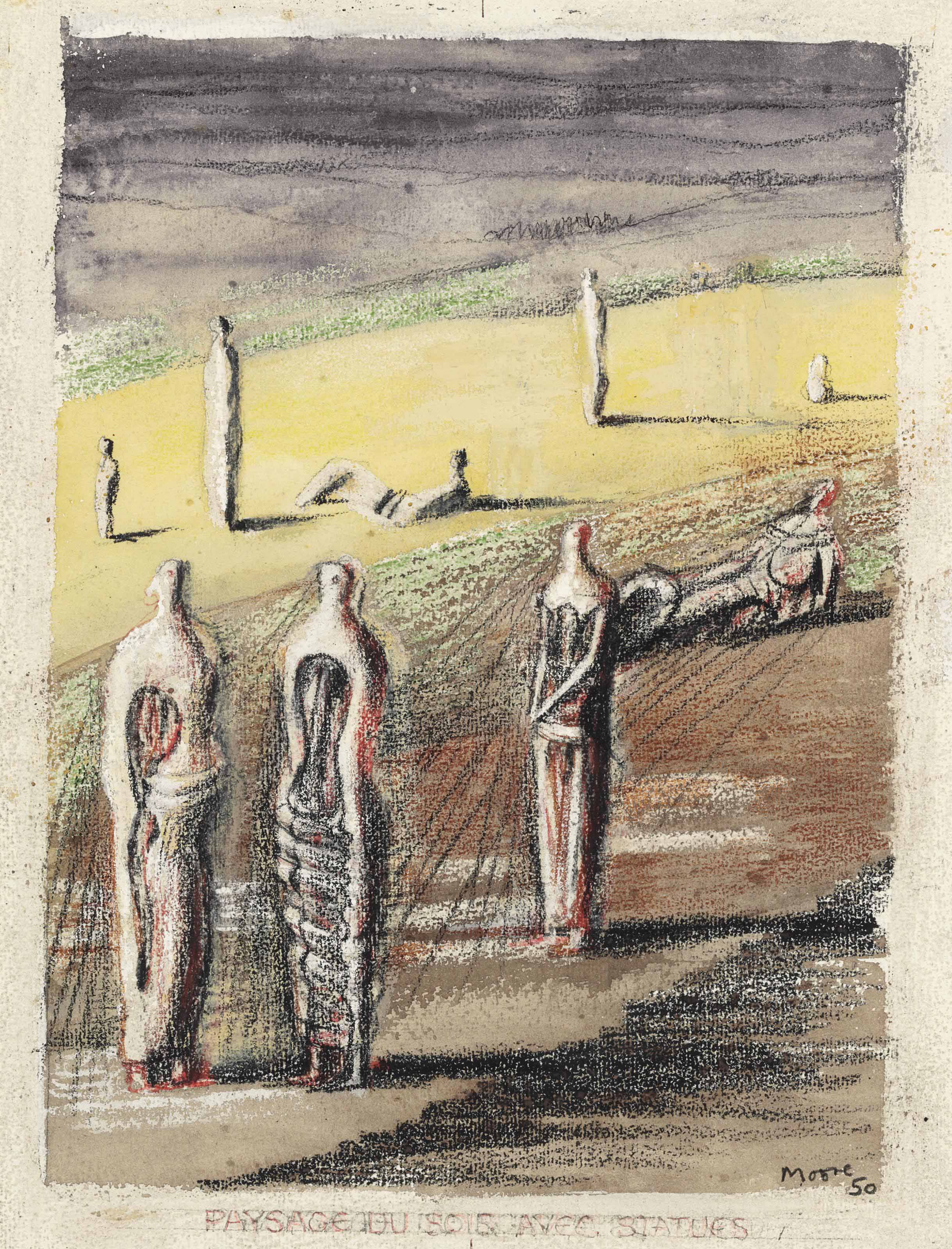 Paysage du soir avec statues