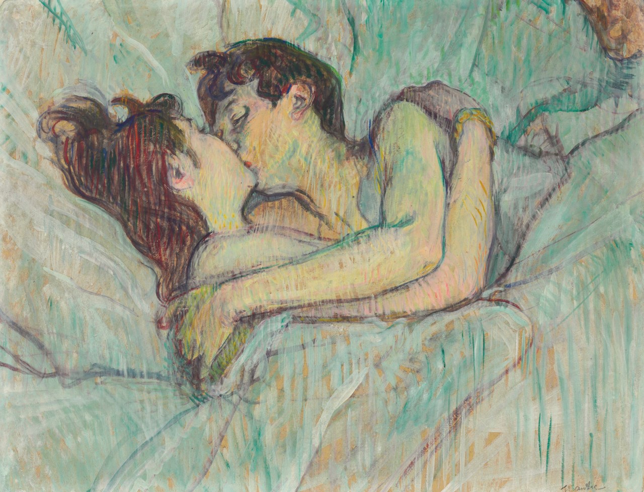 Two women embrace and kiss under pale blue and white bedclothes, their arms and the folds of fabric forming a close circular composition.