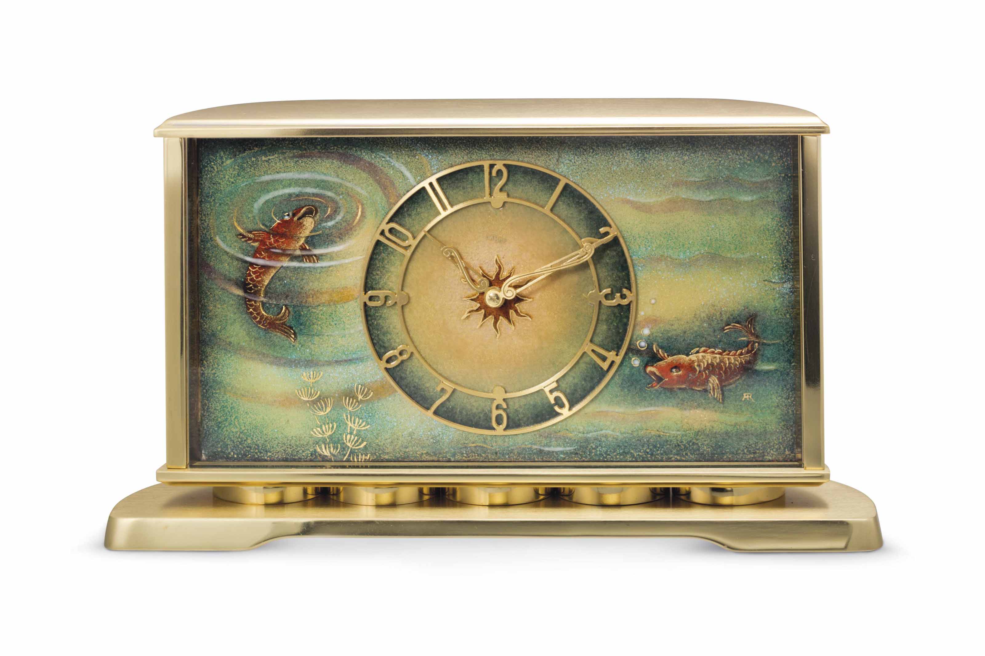 Imhof. A Lacquered Brass and Enamel Desk Clock