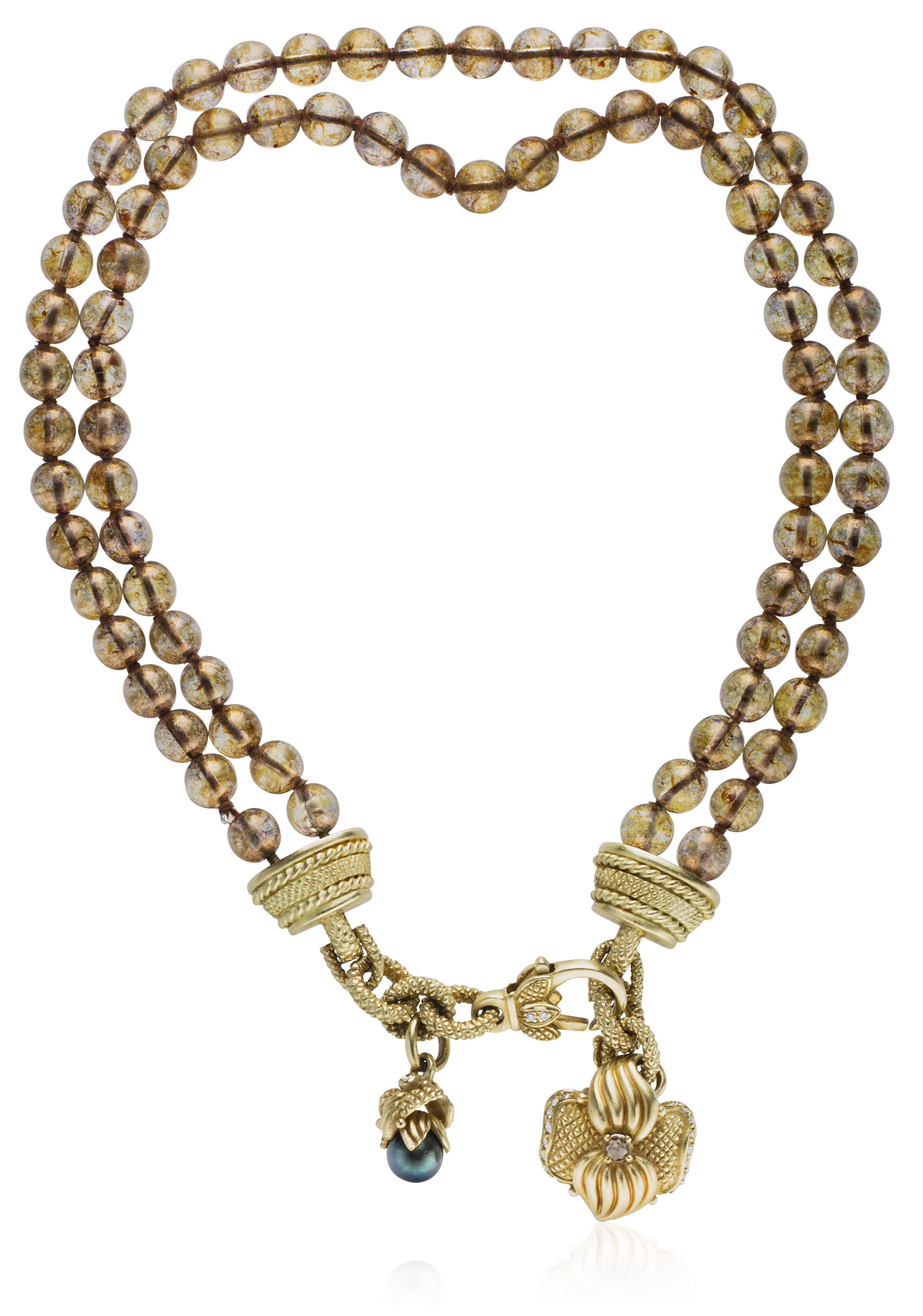 A STAINED GLASS BEAD, DIAMOND, CULTURED PEARL AND GOLD NECKLACE BY