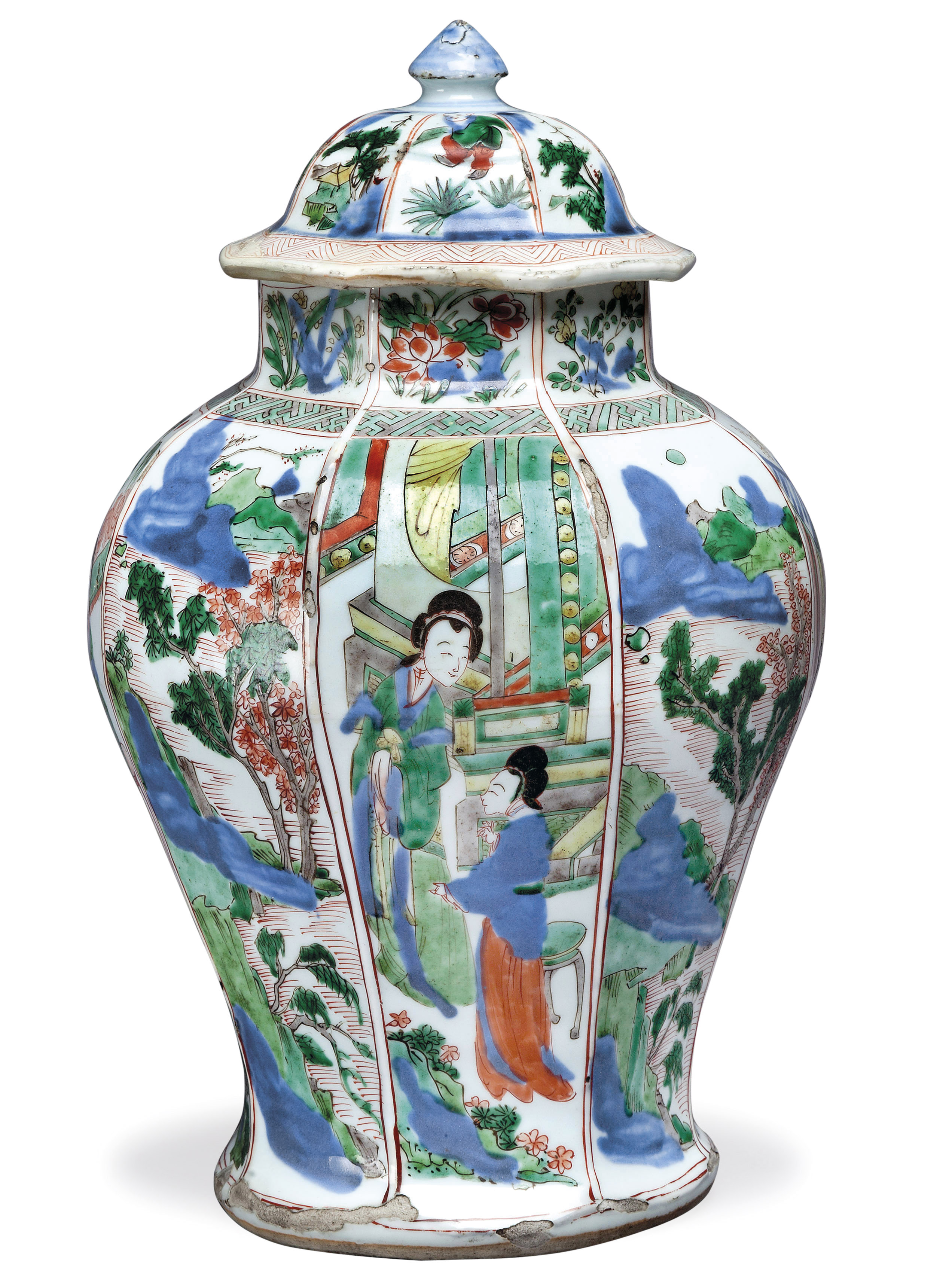 清康熙五彩开光八方山水人物图盖罐两件, KANGXI PERIOD (1662
