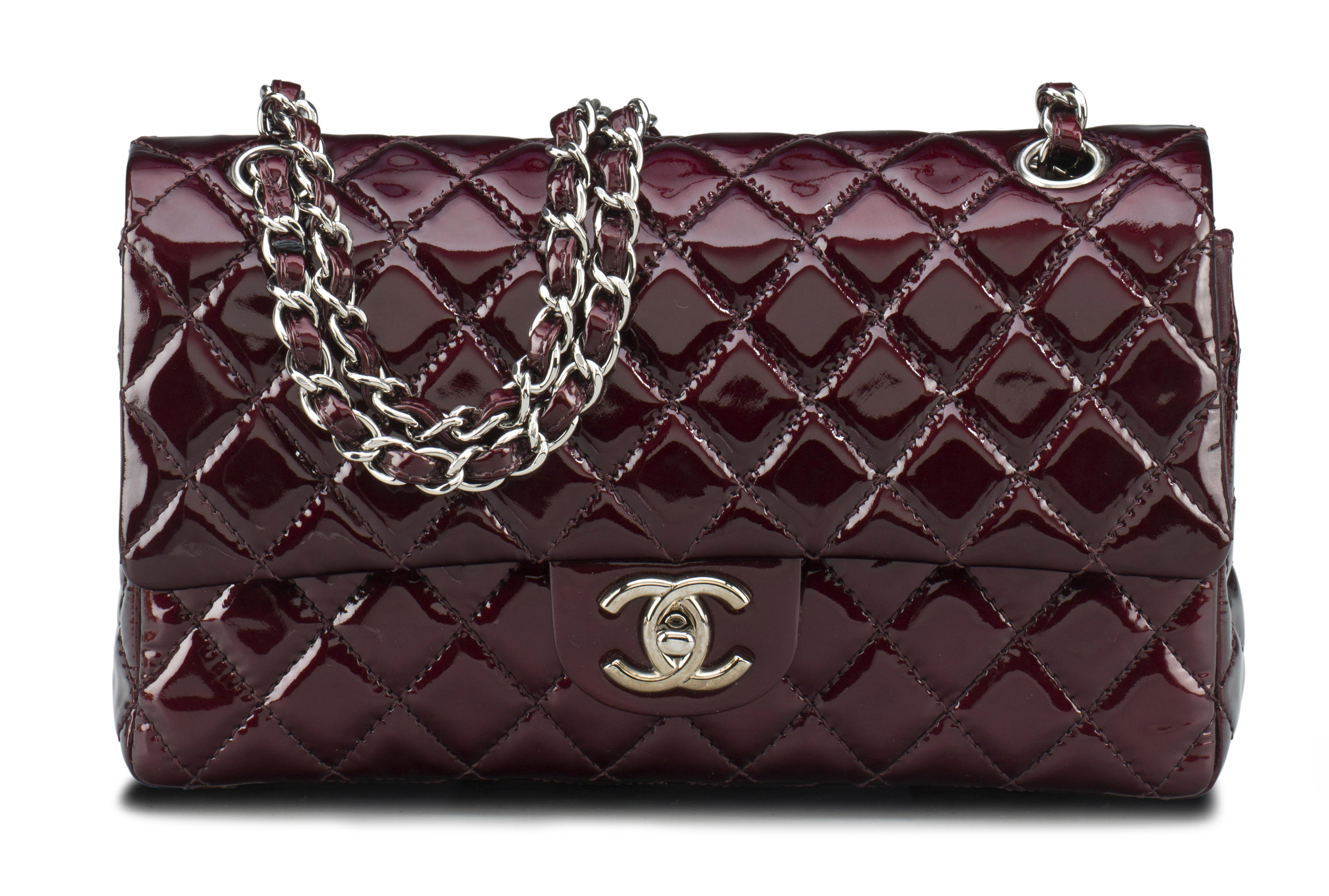 A BURGUNDY PATENT LEATHER MEDIUM DOUBLE FLAP BAG, CHANEL, 20082009