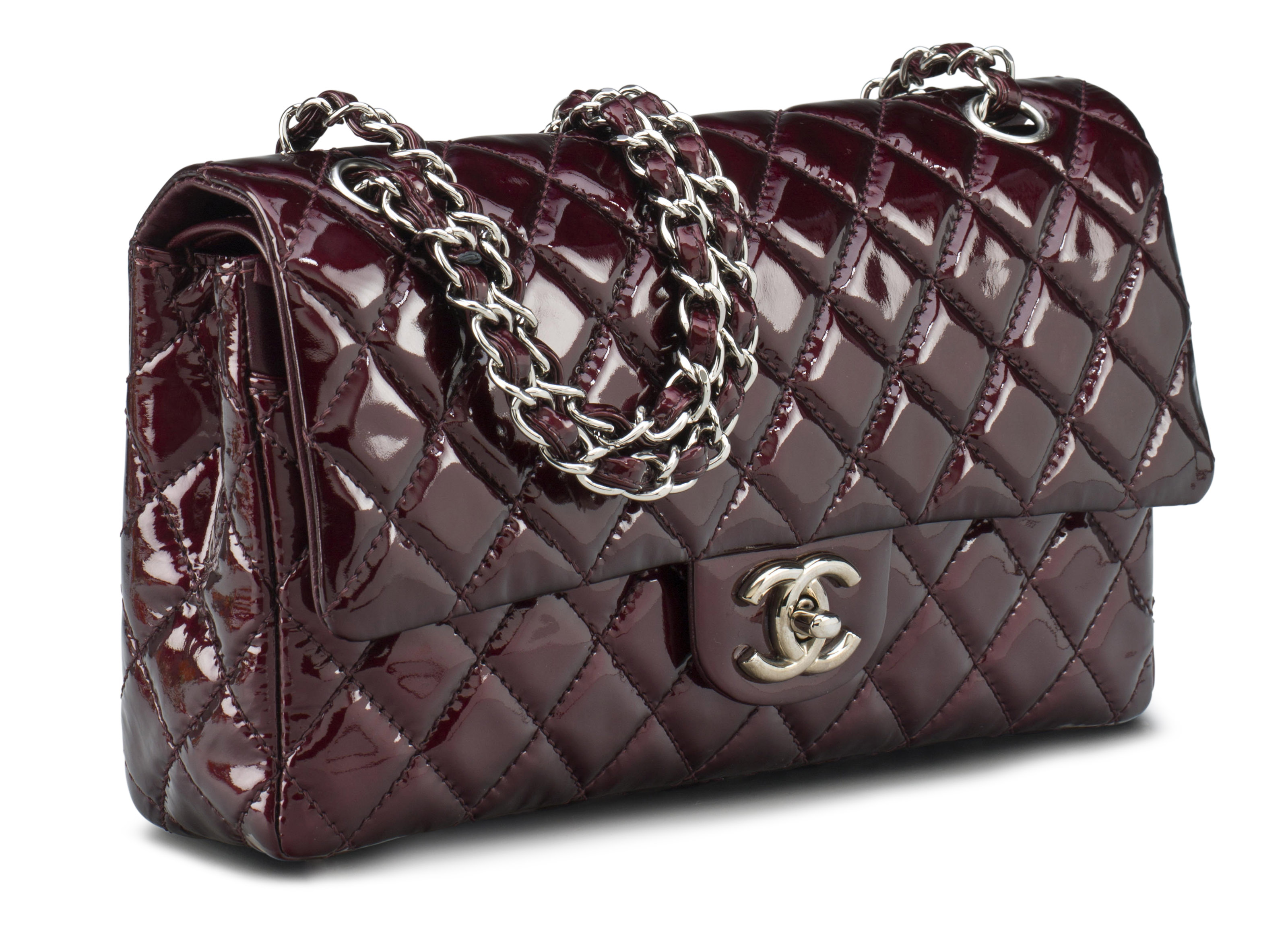 A BURGUNDY PATENT LEATHER MEDIUM DOUBLE FLAP BAG
