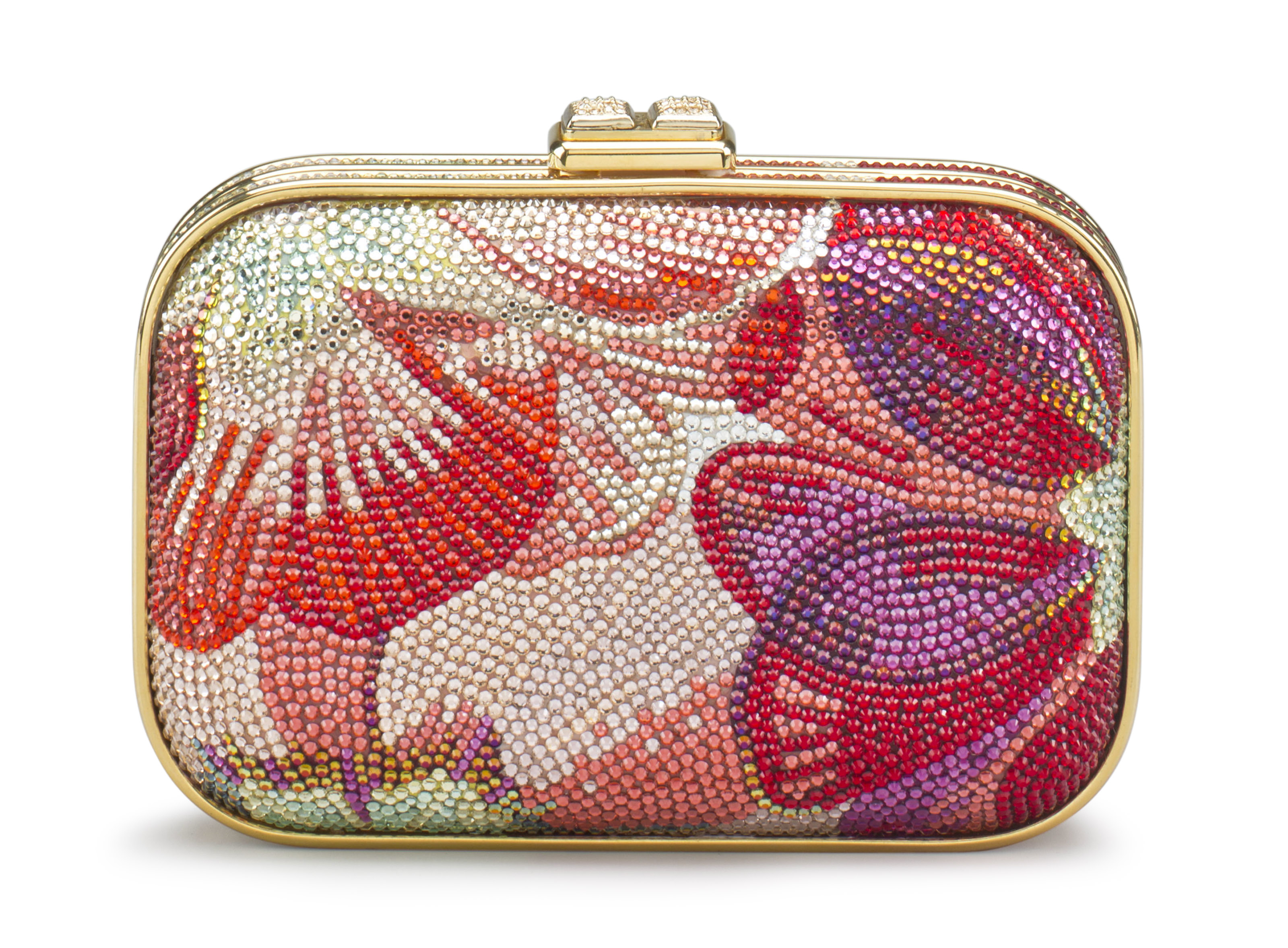 A RED PINK CRYSTAL FULL BEAD FLORAL MINAUDIERE EVENING BAG