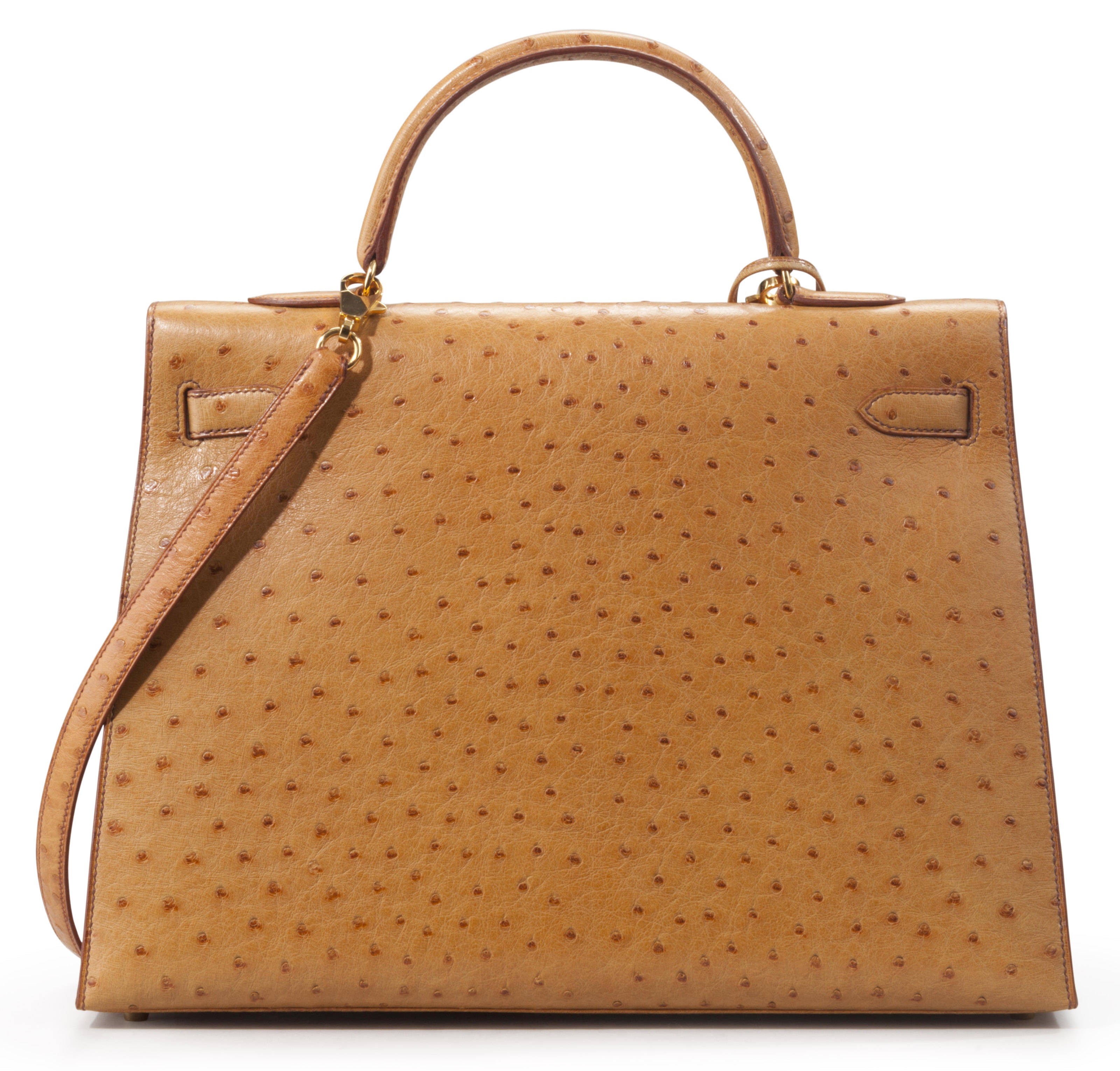 A 35CM COGNAC OSTRICH SELLIER KELLY BAG