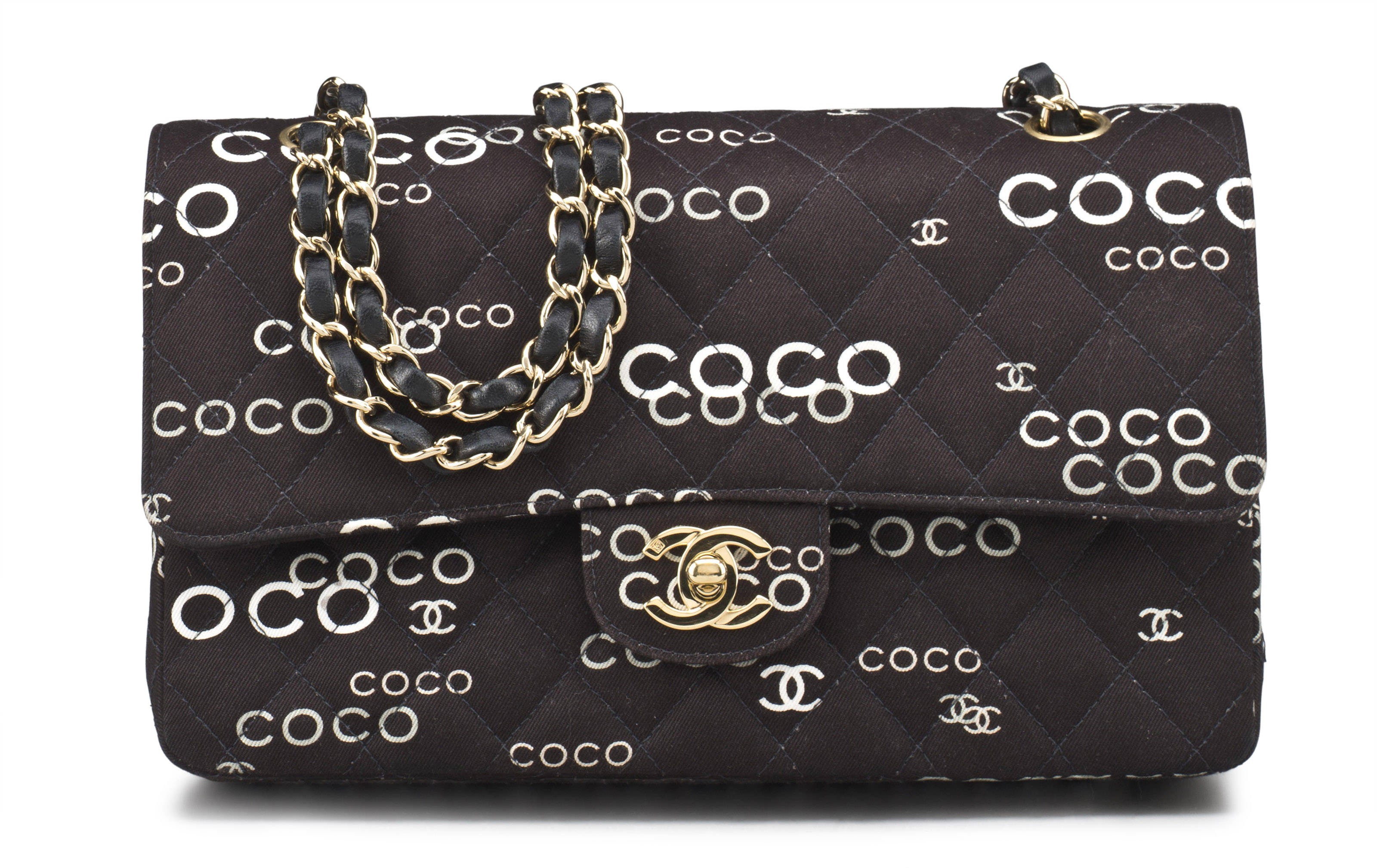 A BLACK & WHITE CANVAS COCO MEDIUM DOUBLE FLAP BAG, CHANEL, 2002