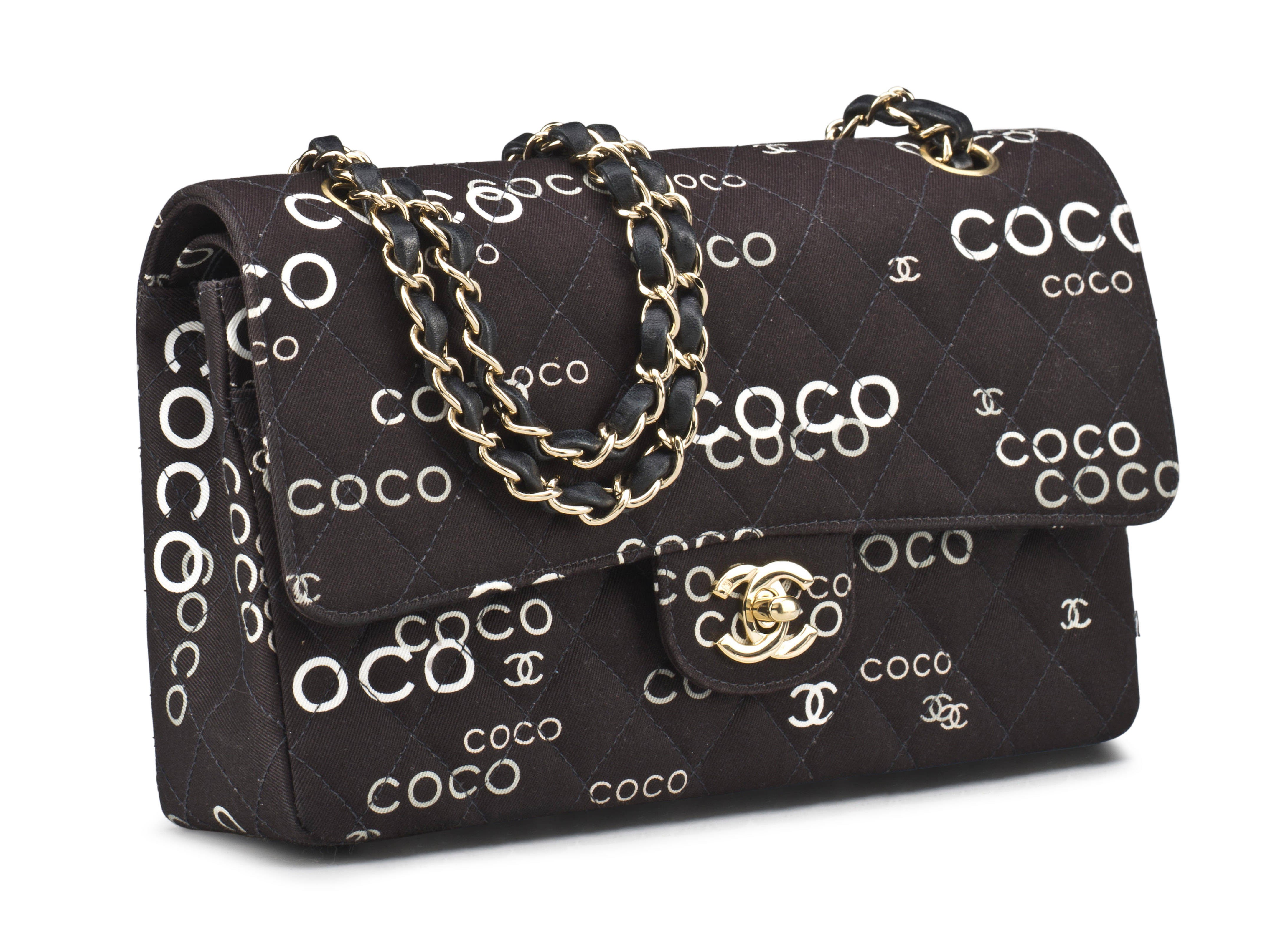 A BLACK WHITE CANVAS COCO MEDIUM DOUBLE FLAP BAG, CHANEL, 2002