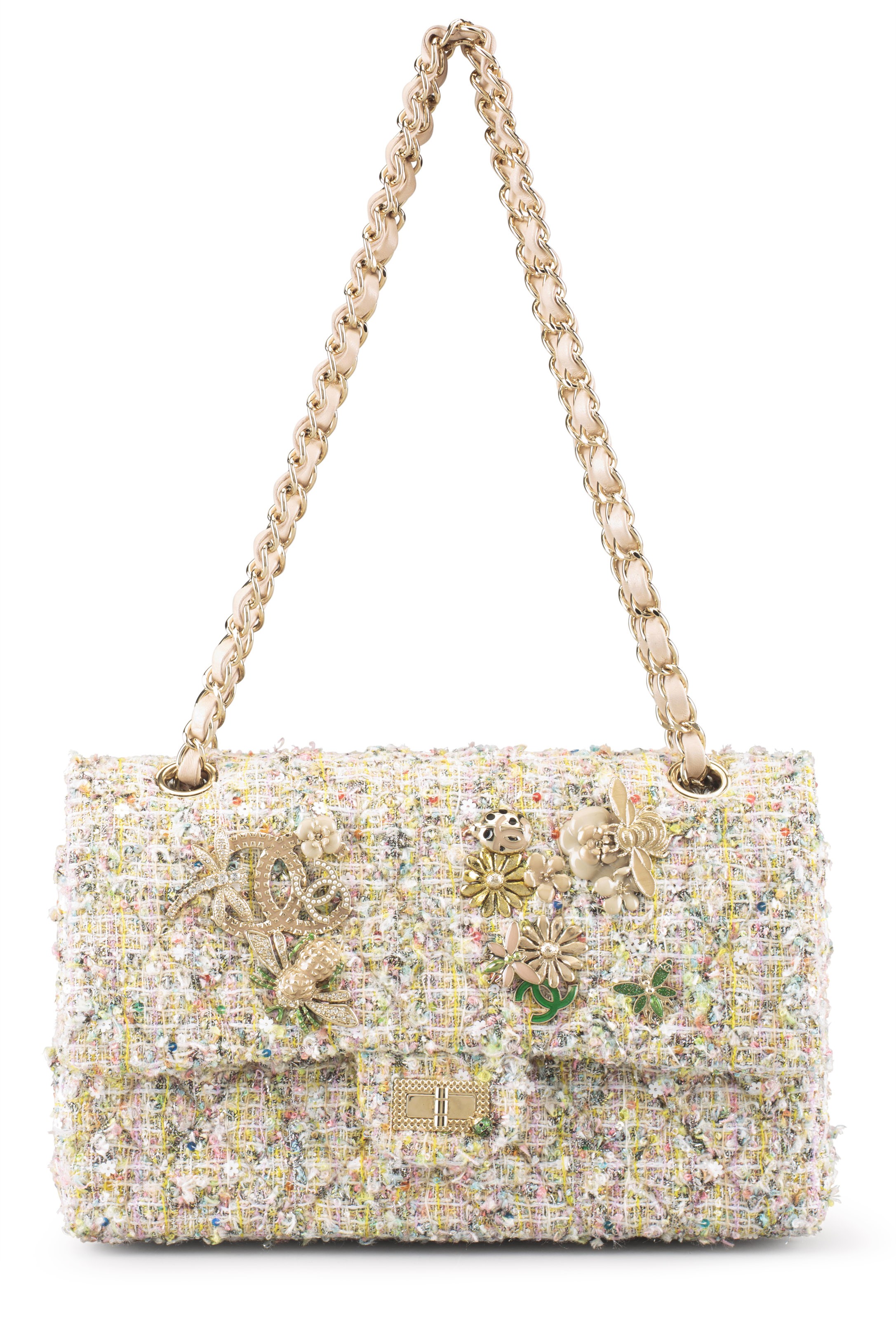 A PINK YELLOW TWEED DOUBLE FLAP BAG WITH NATURE BROOCHES CHANEL 2010 2011 Christie s