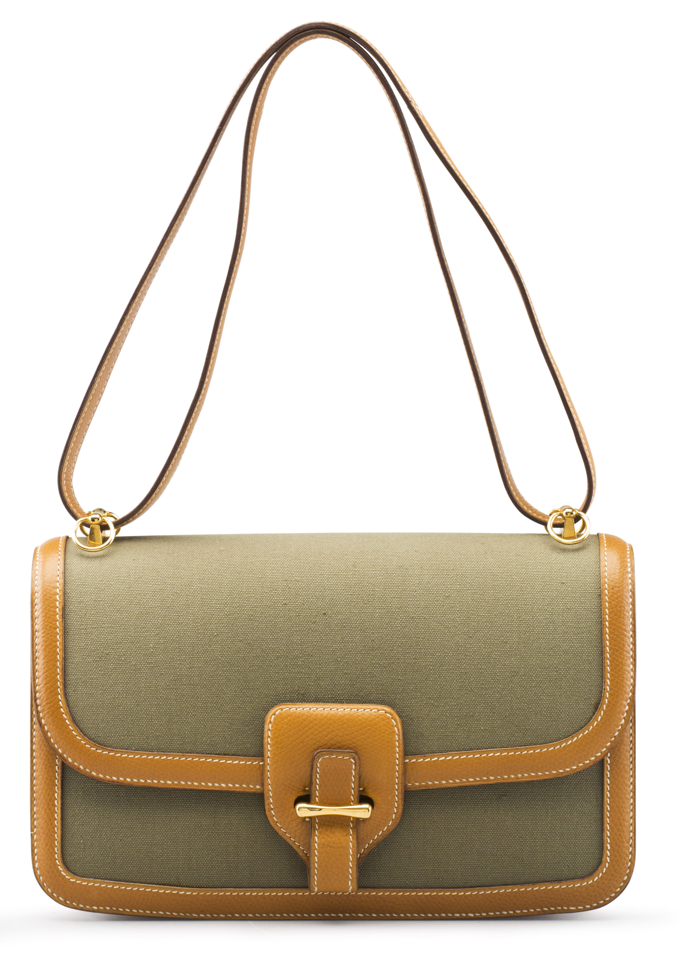 A GOLD COURCHEVEL LEATHER & VERT OLIVE CANVAS SAC DOLLY BAG