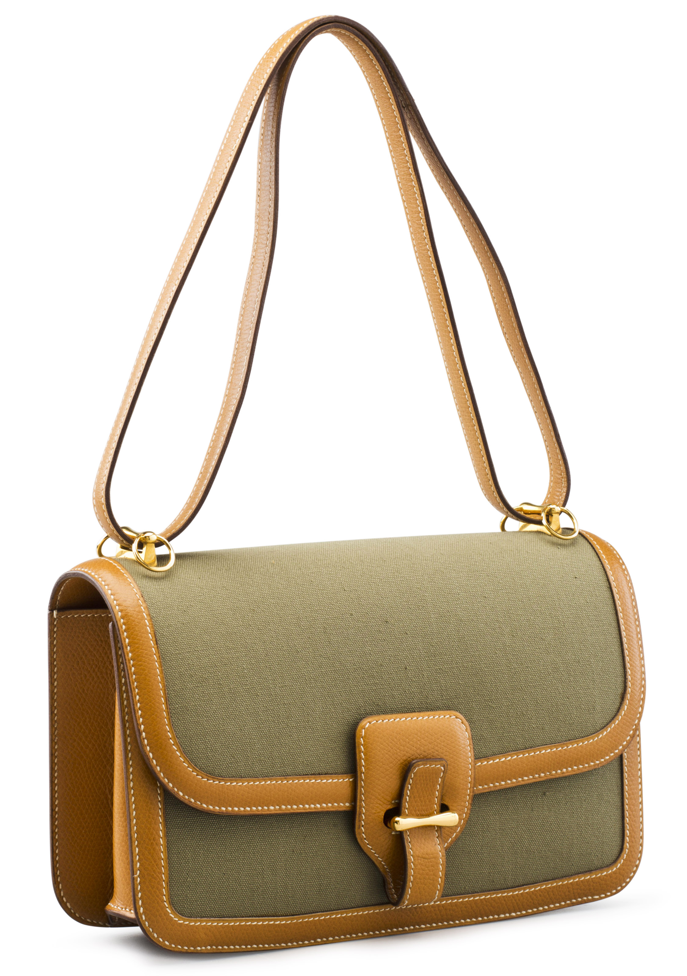 A GOLD COURCHEVEL LEATHER VERT OLIVE CANVAS SAC DOLLY BAG