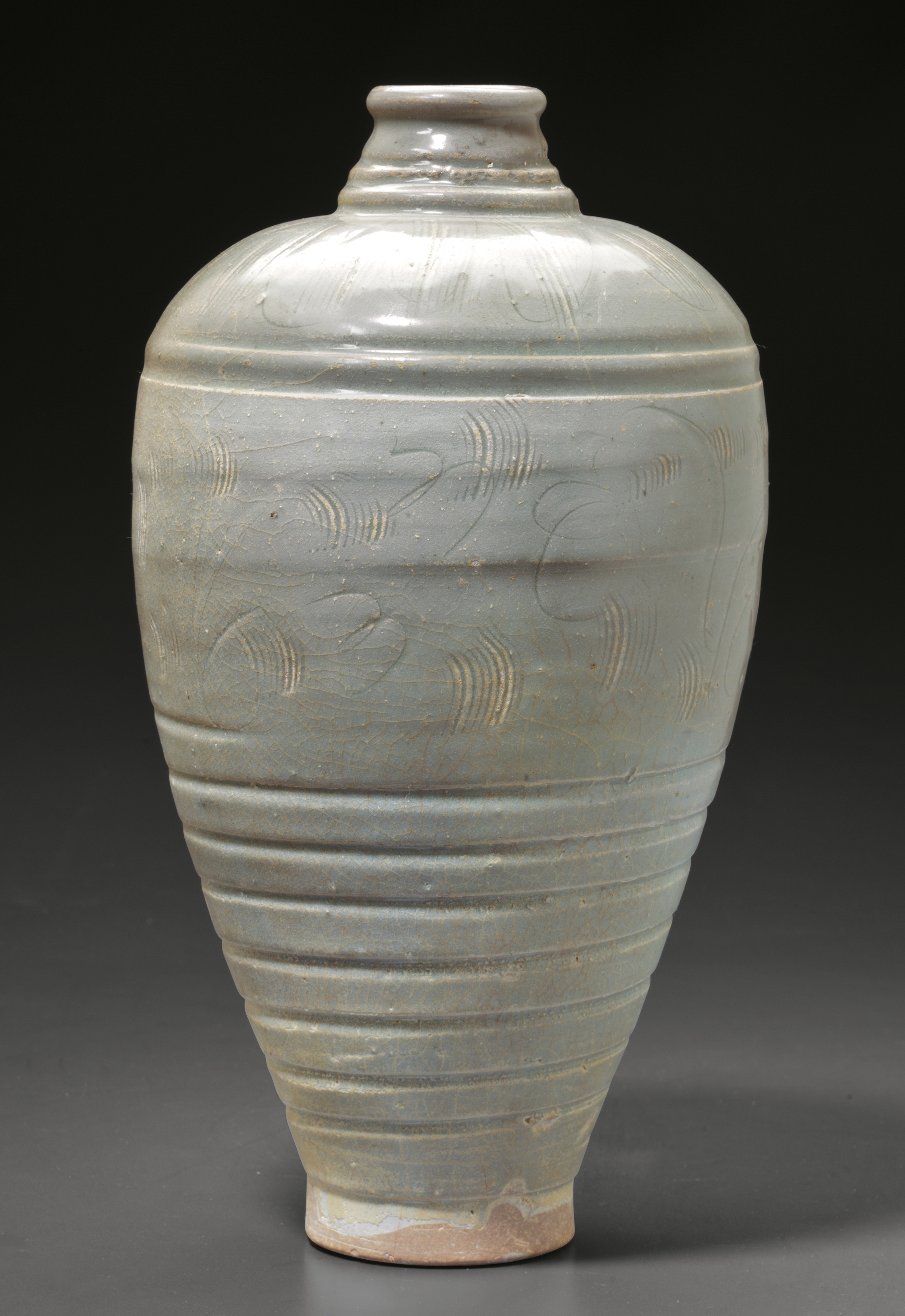 中国 龍泉窯 青磁 凌線文梅瓶 V R2967B 龍泉窯系青釉