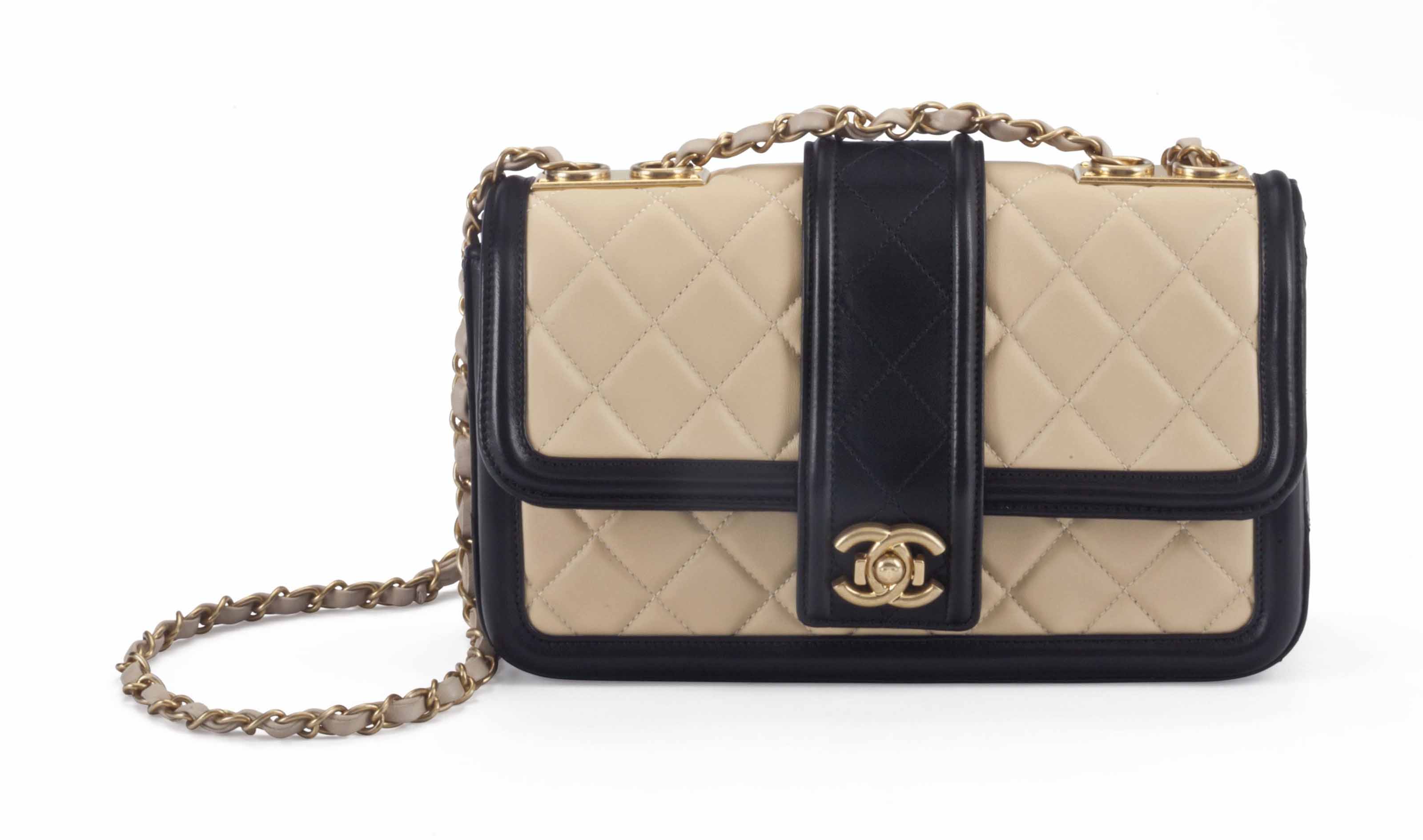 A Beige Black Lambskin Leather Flap Bag